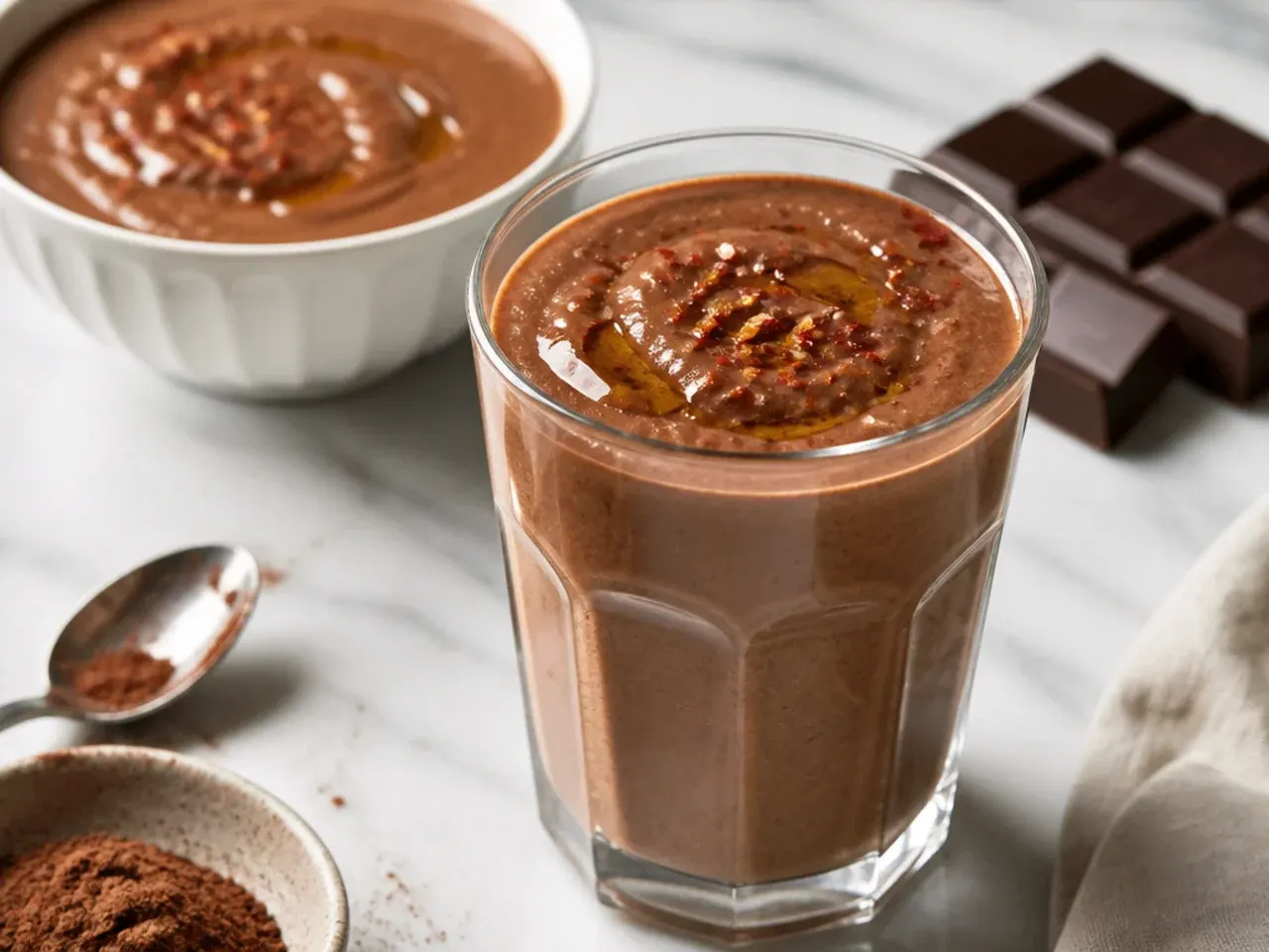 Three ingredients for a simple chocolate banana smoothie laid out next to a blender