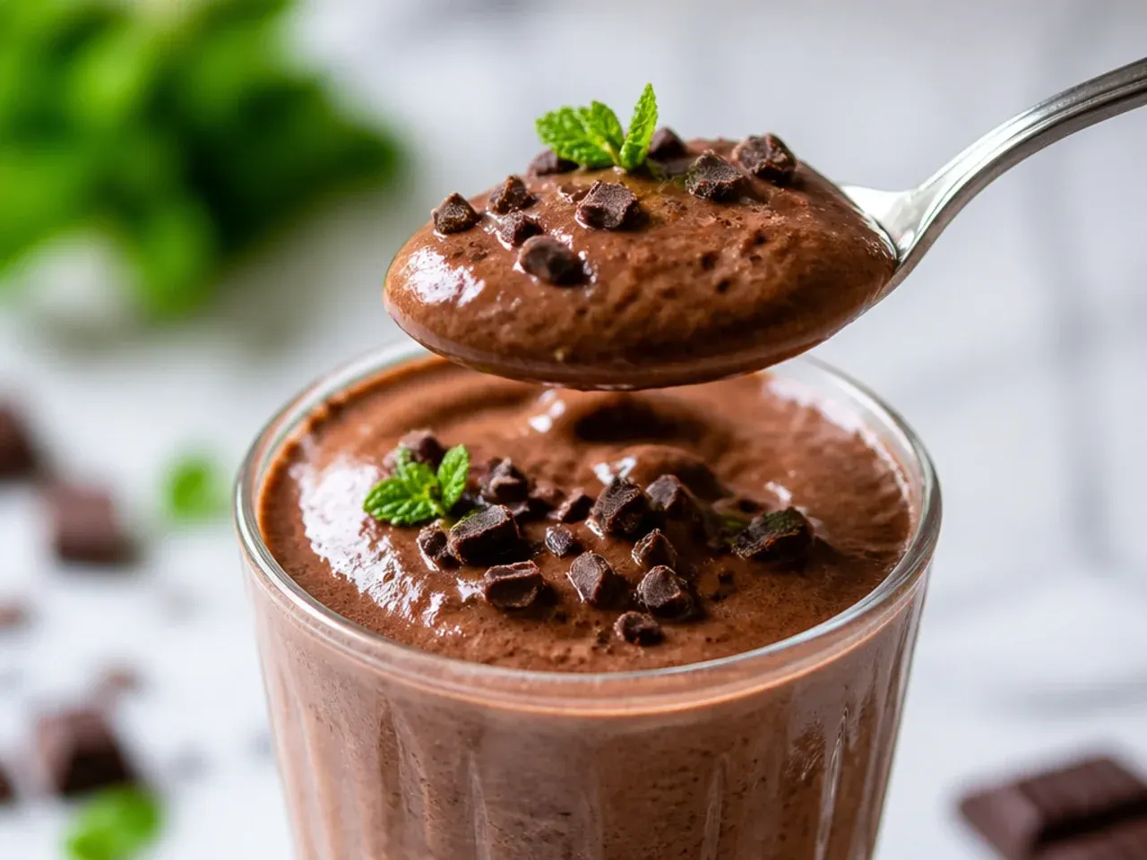 Fresh chocolate mint smoothie garnished with a mint sprig