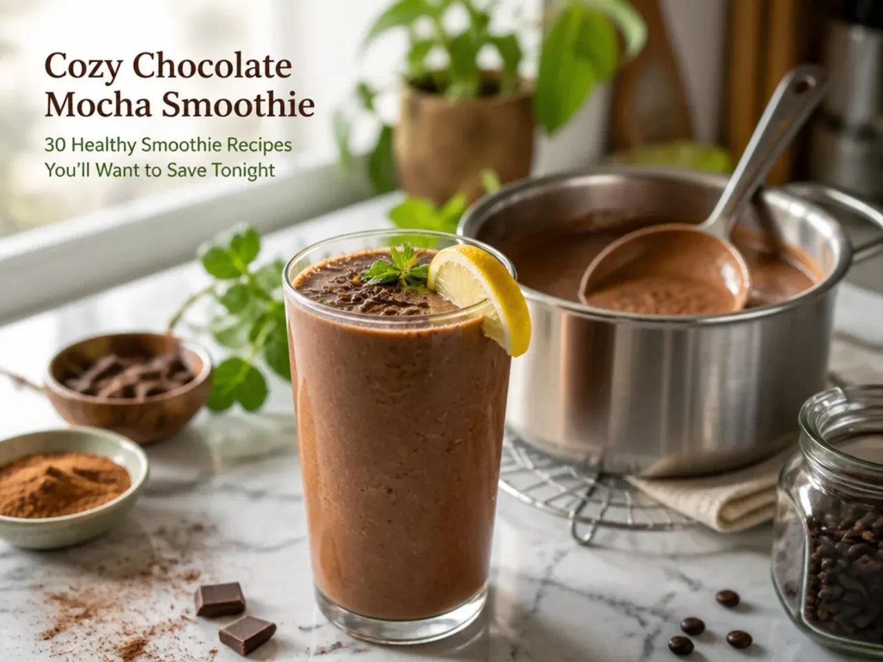Chocolate mocha smoothie in a tall glass with a dusting of cocoa on top