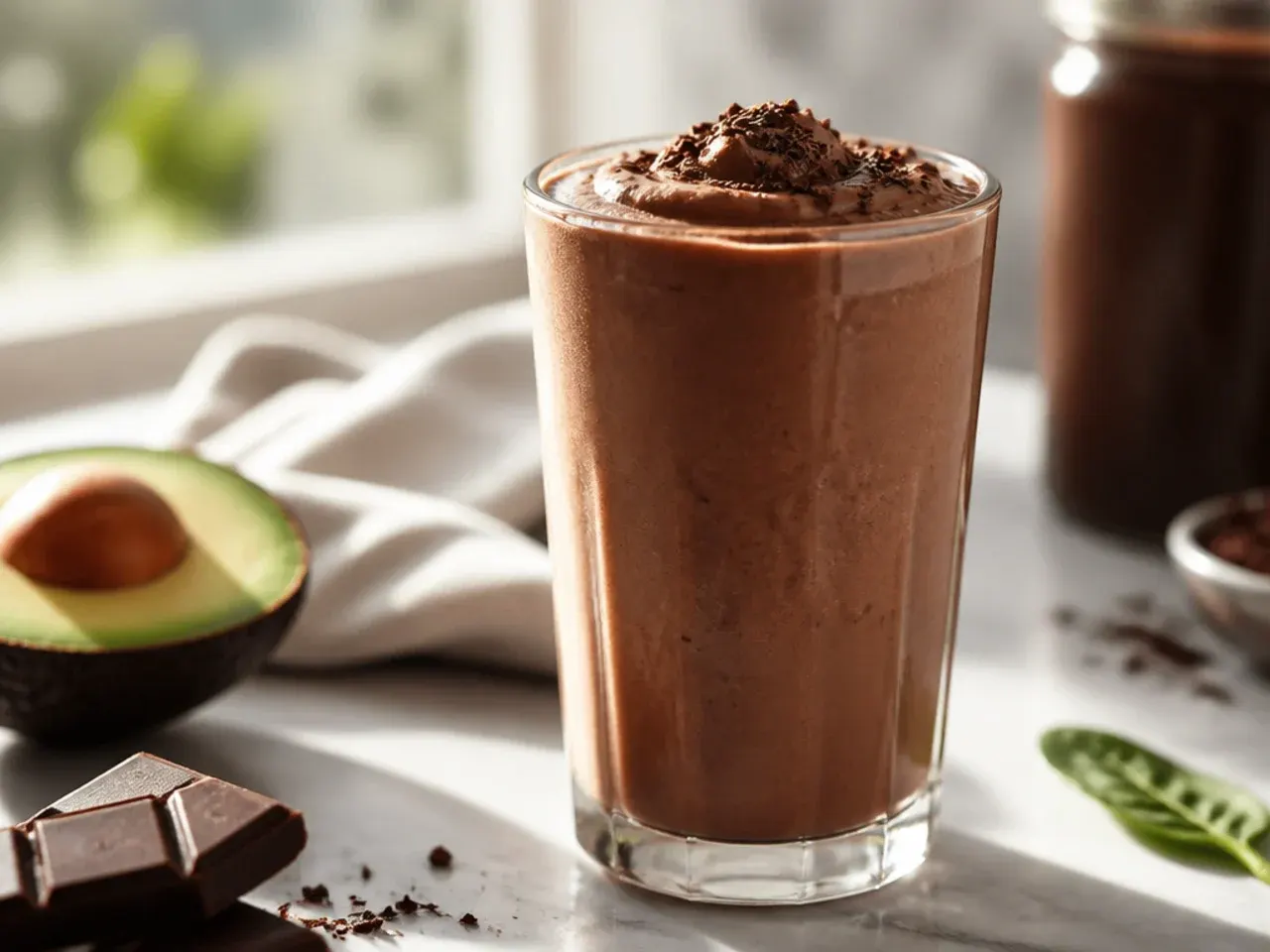 Creamy chocolate avocado smoothie in a glass with avocado half beside it