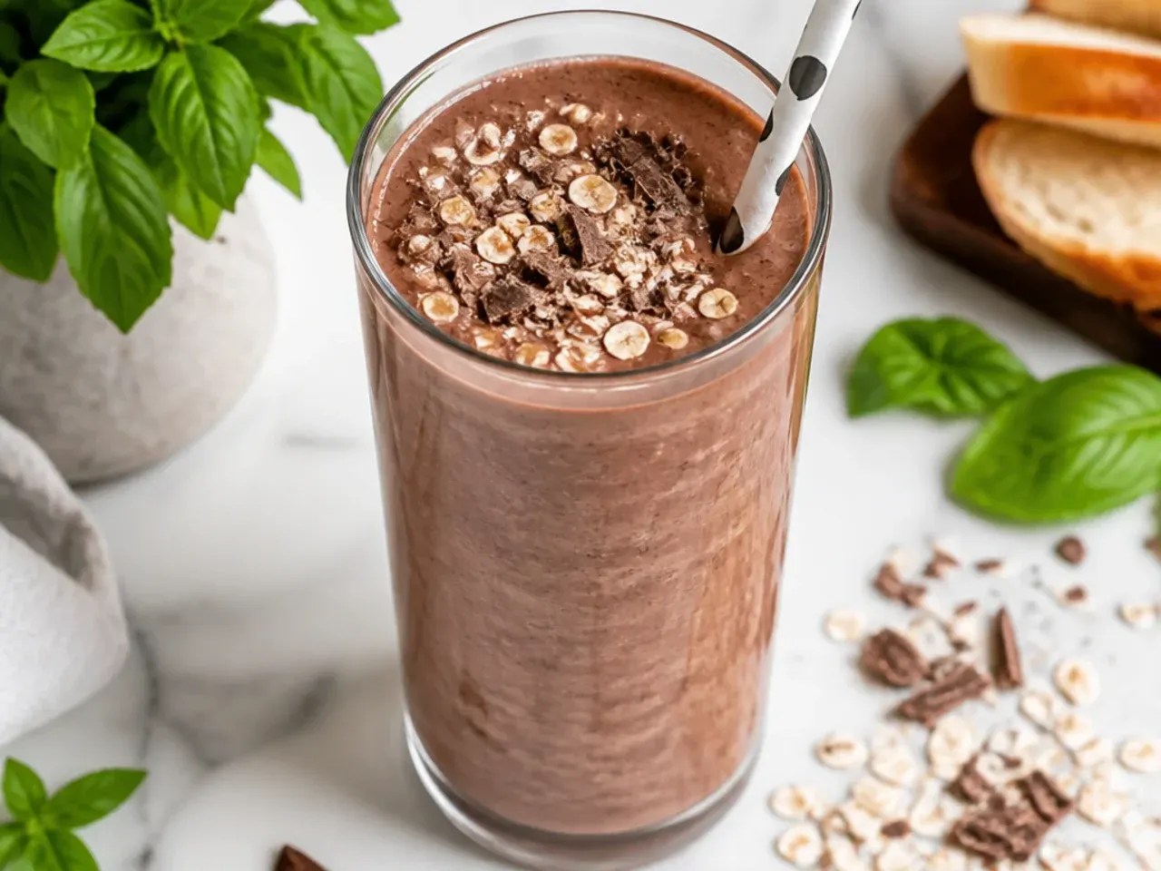 Chocolate oat smoothie with a spoon of rolled oats on the side