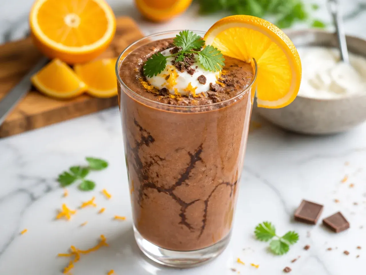 Chocolate orange smoothie topped with a curl of orange zest