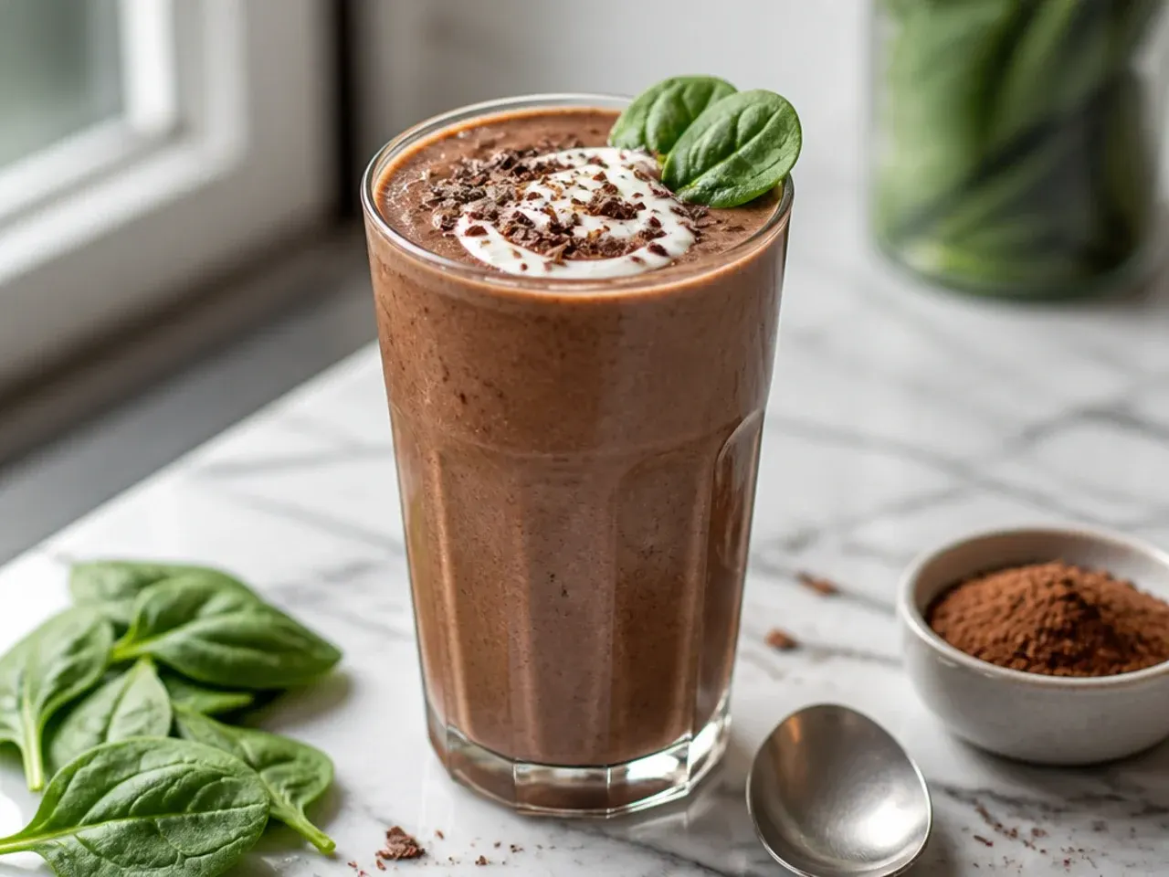 Chocolate spinach smoothie in a glass with fresh spinach leaves scattered nearby
