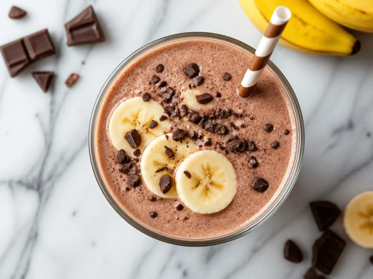 Budget-friendly chocolate banana milk smoothie next to a bunch of bananas