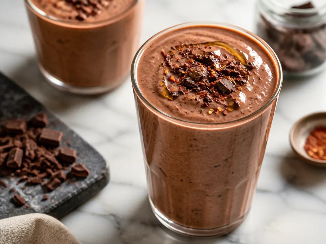 Chocolate protein smoothie in a glass with a scoop of protein powder beside it
