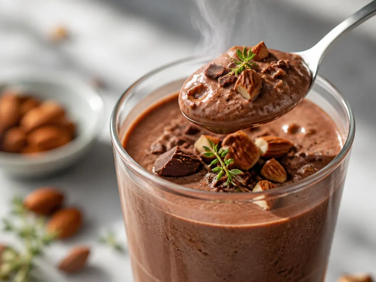 Chocolate almond butter smoothie with a drizzle of almond butter on top