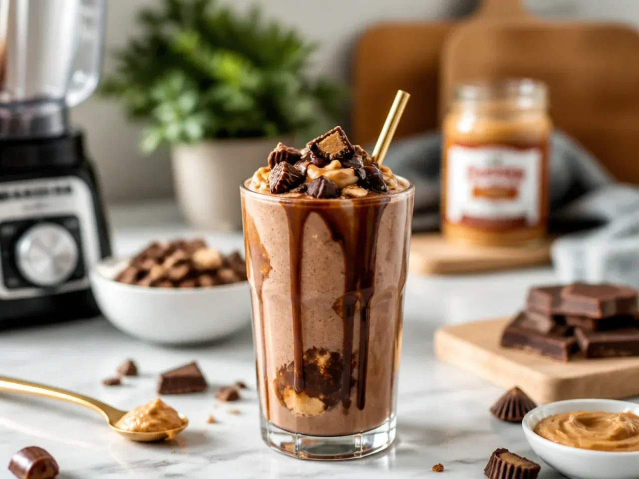 Loaded chocolate peanut butter smoothie topped with chopped peanuts