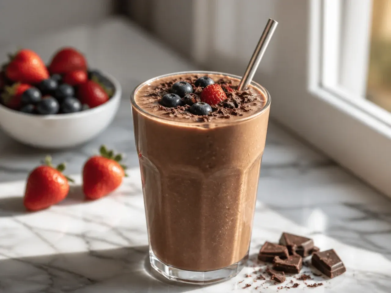 Family-style chocolate berry smoothie surrounded by fresh mixed berries