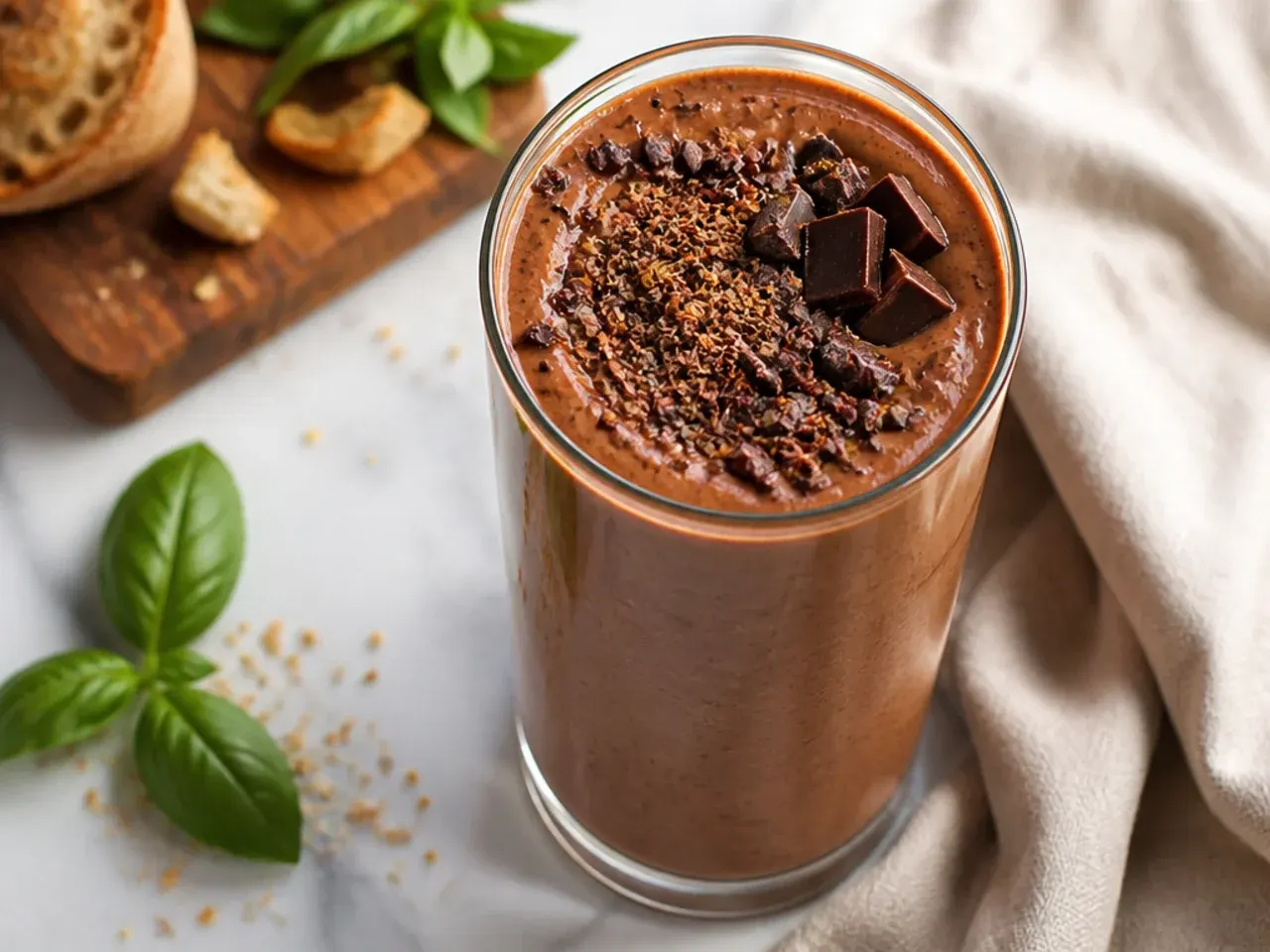Double chocolate smoothie topped with dark chocolate chips and cacao nibs