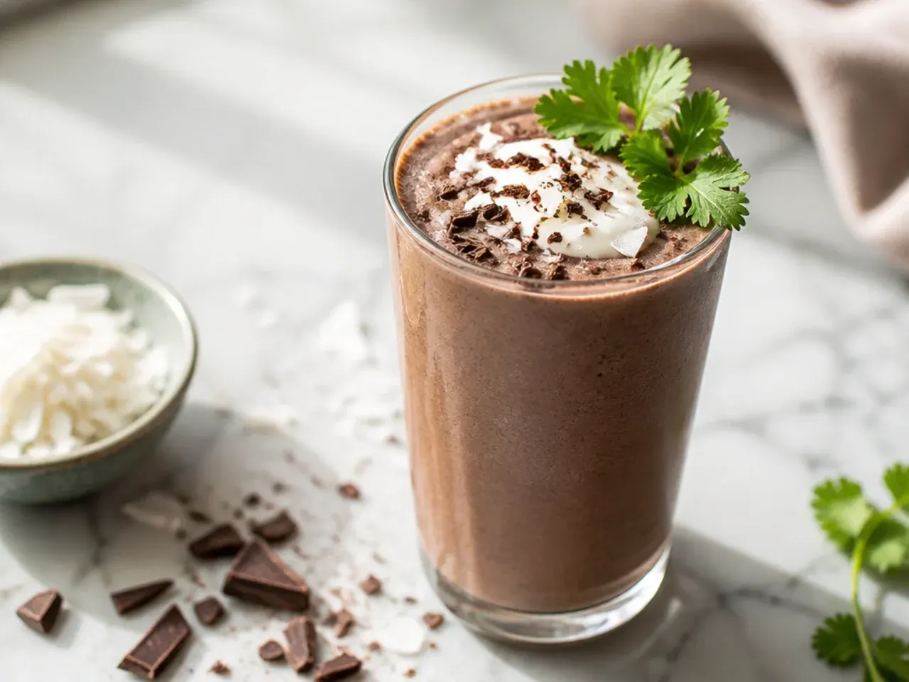 Chocolate coconut smoothie garnished with toasted coconut flakes