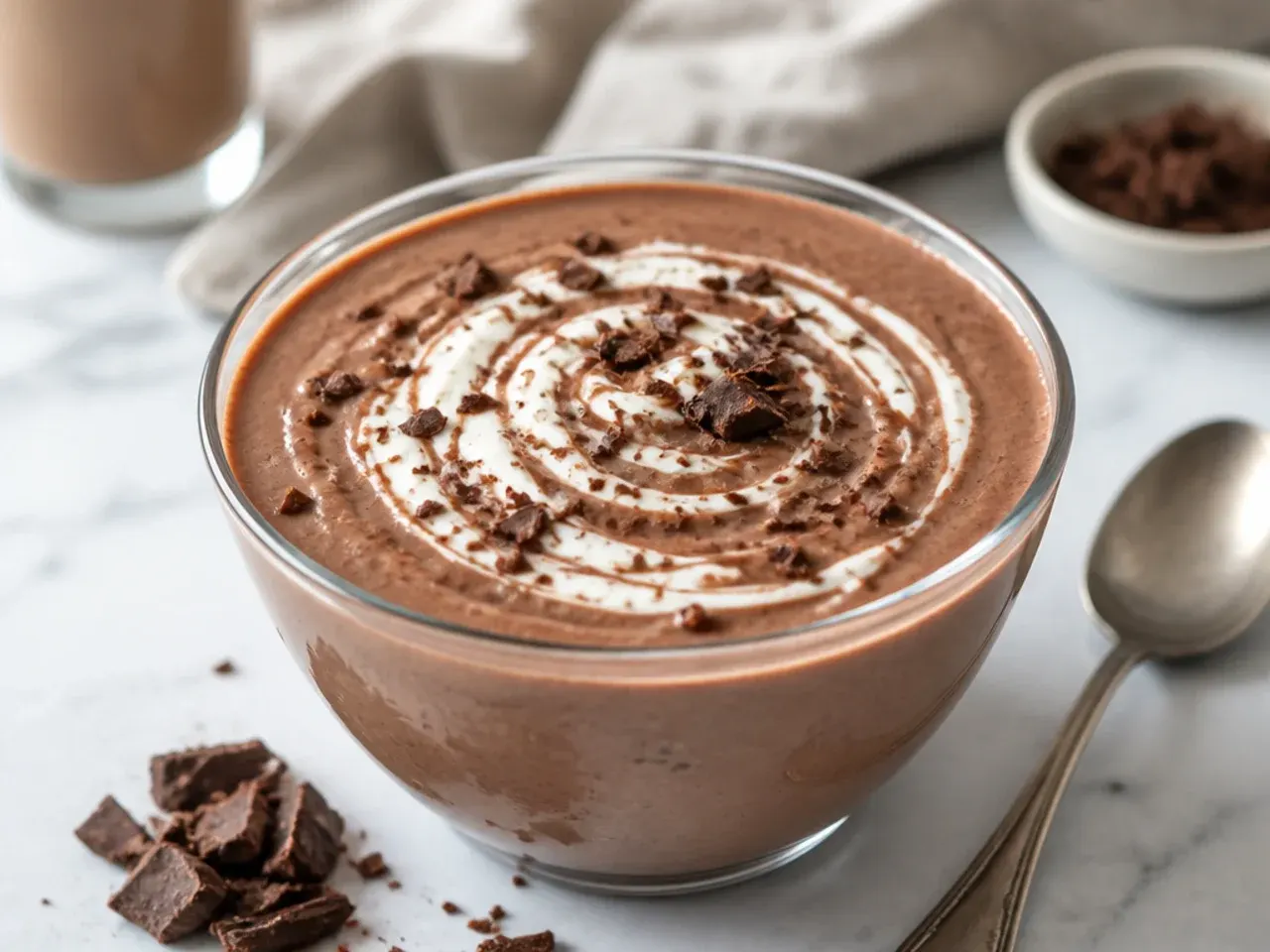 Chocolate Greek yogurt smoothie with a dollop of yogurt on top