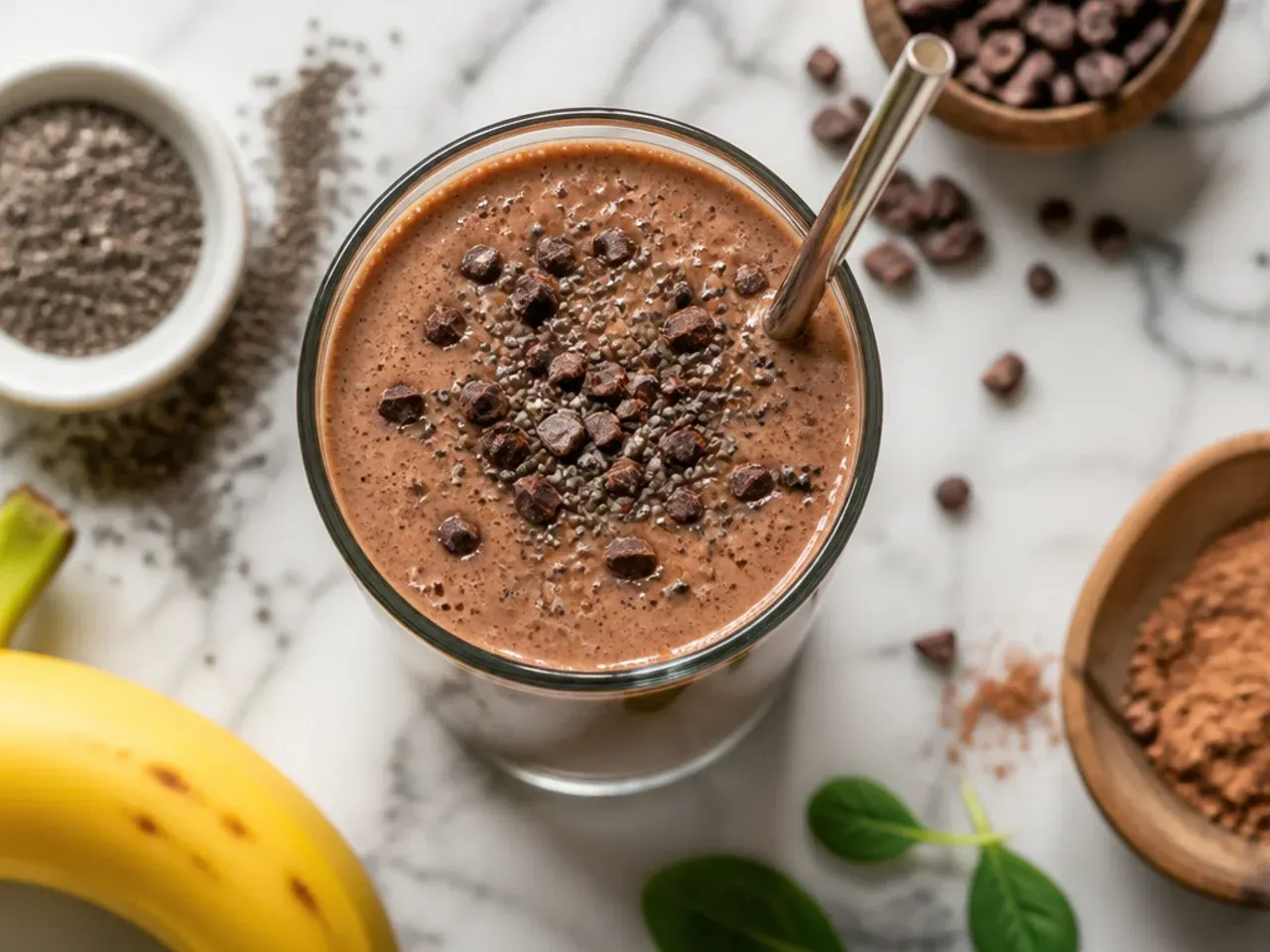 Chocolate chia smoothie in a glass showing visible chia seeds