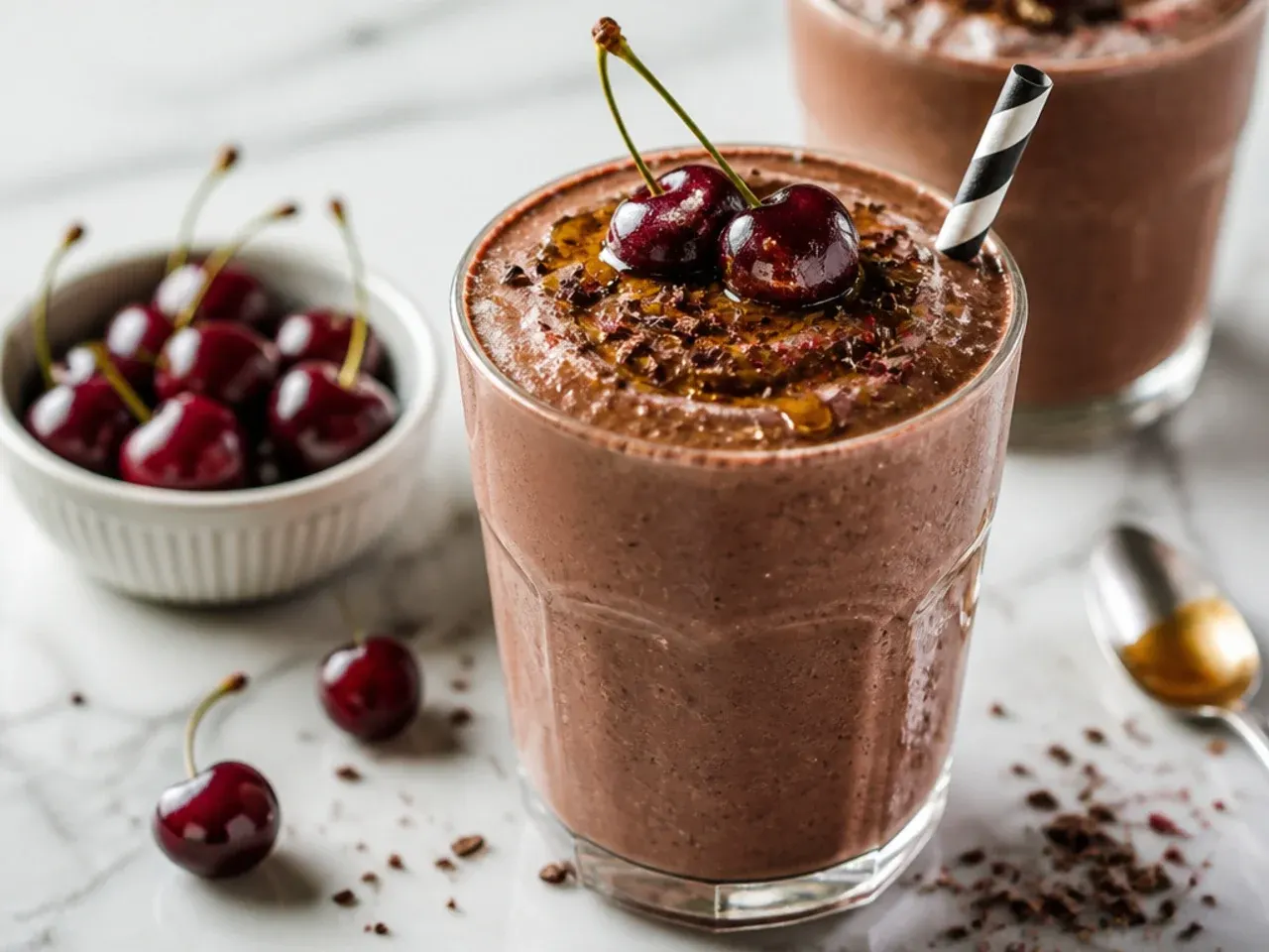 Fresh chocolate cherry smoothie with whole cherries on the rim of the glass