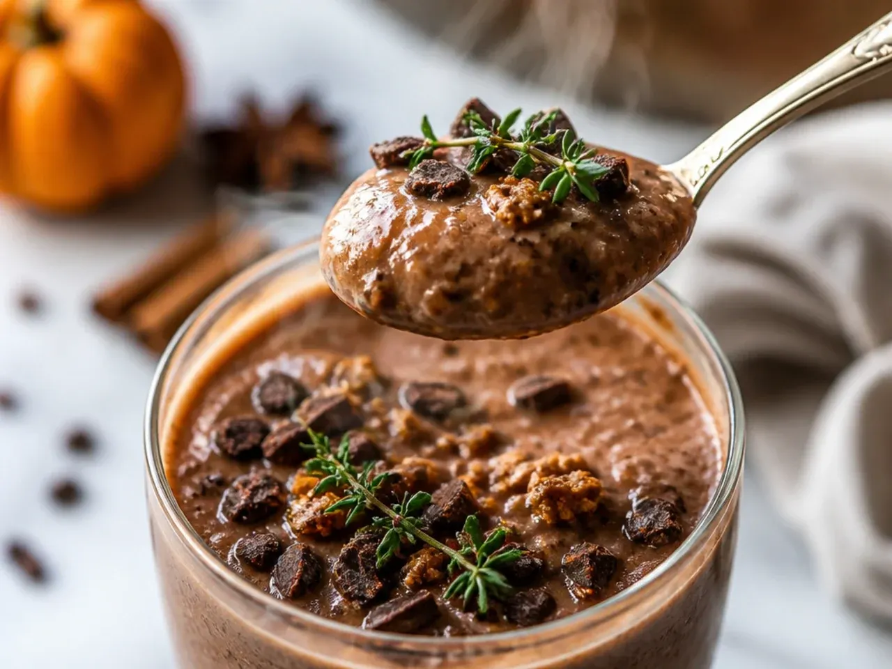 Chocolate pumpkin spice smoothie topped with a sprinkle of cinnamon