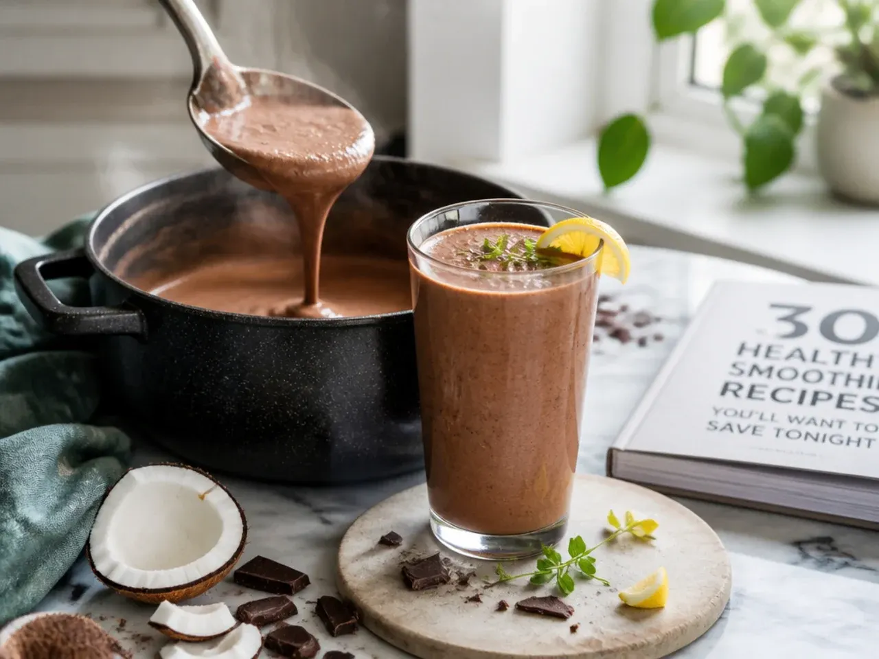 Creamy chocolate coconut milk smoothie in a glass with coconut milk tin beside it