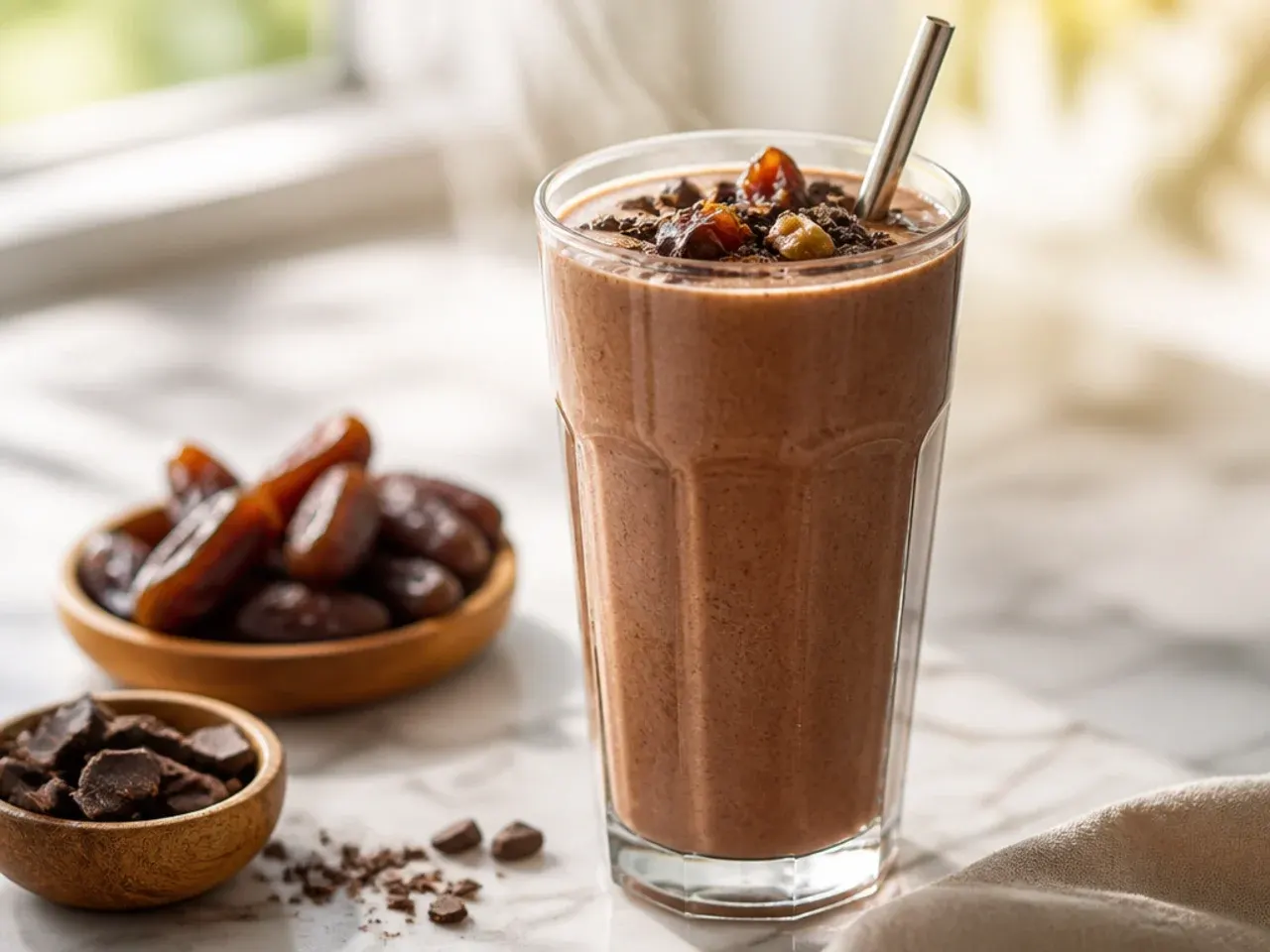 Chocolate date smoothie with medjool dates arranged beside the glass