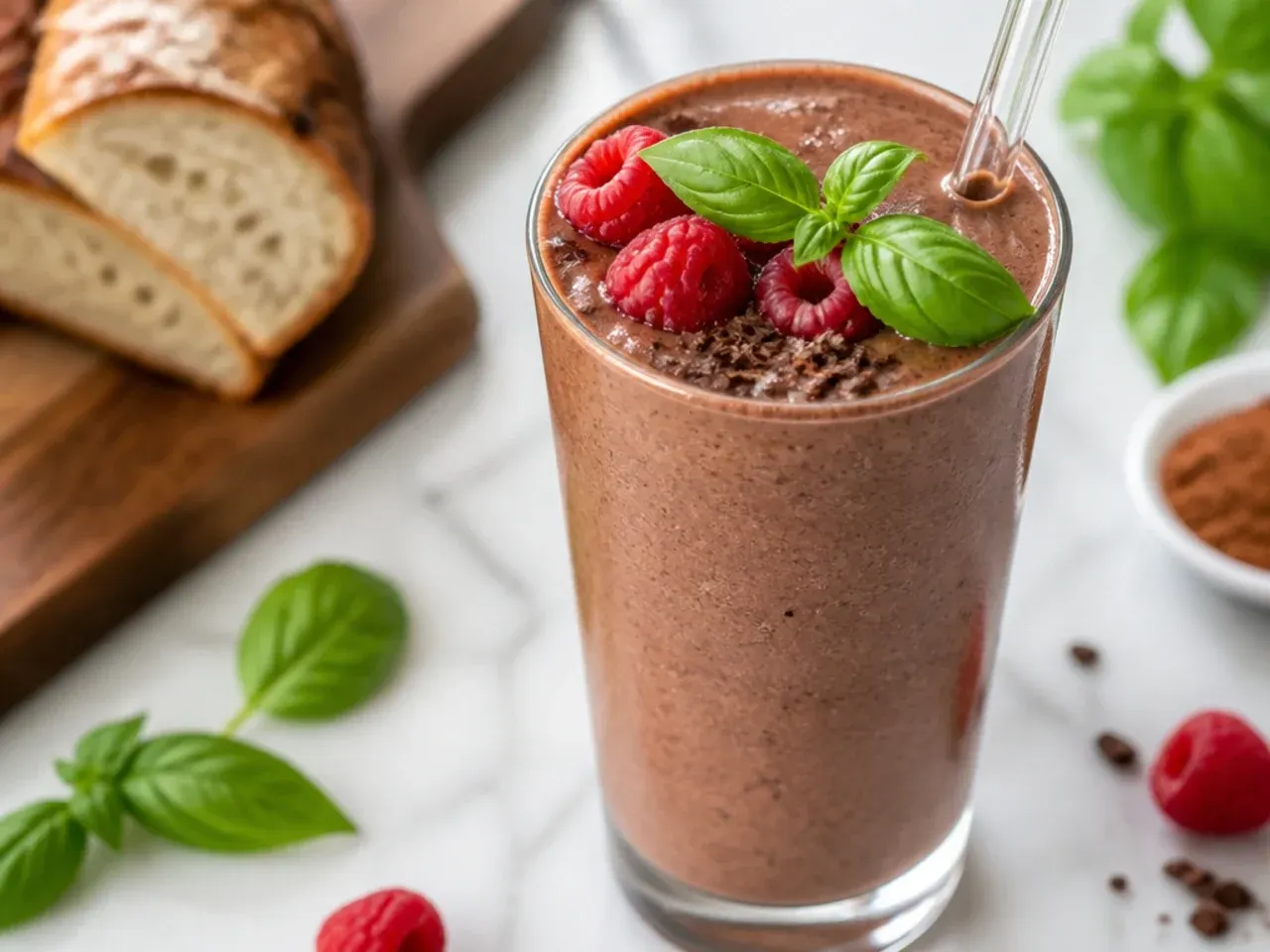 Zesty chocolate raspberry smoothie with fresh raspberries scattered around