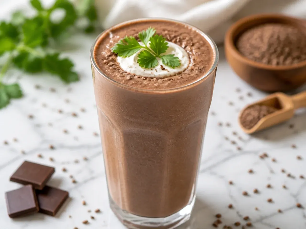 Wholesome chocolate flaxseed smoothie with a small dish of flaxseed alongside