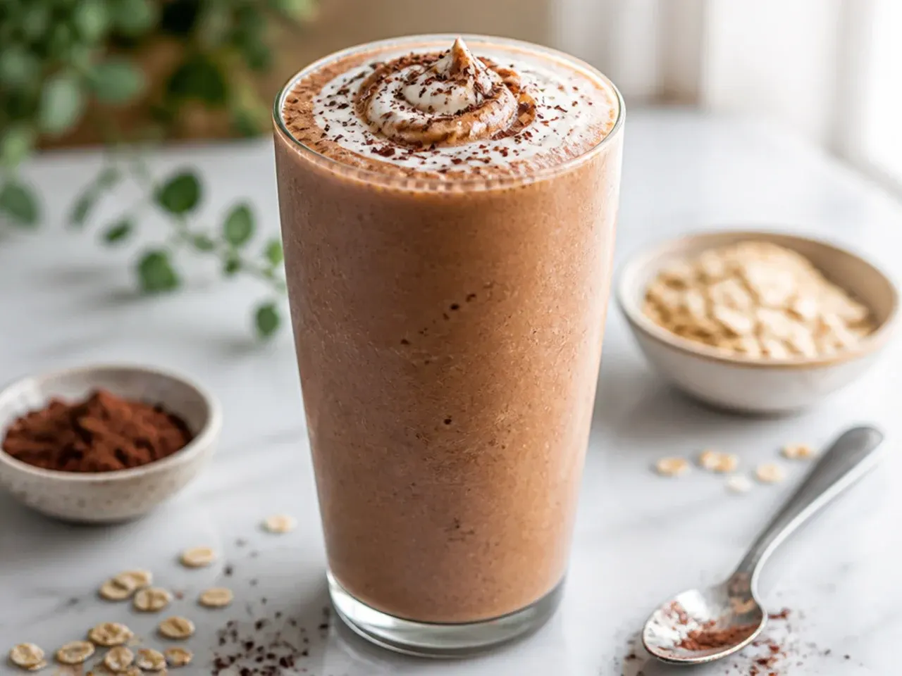 Budget chocolate oat milk smoothie next to a carton of oat milk