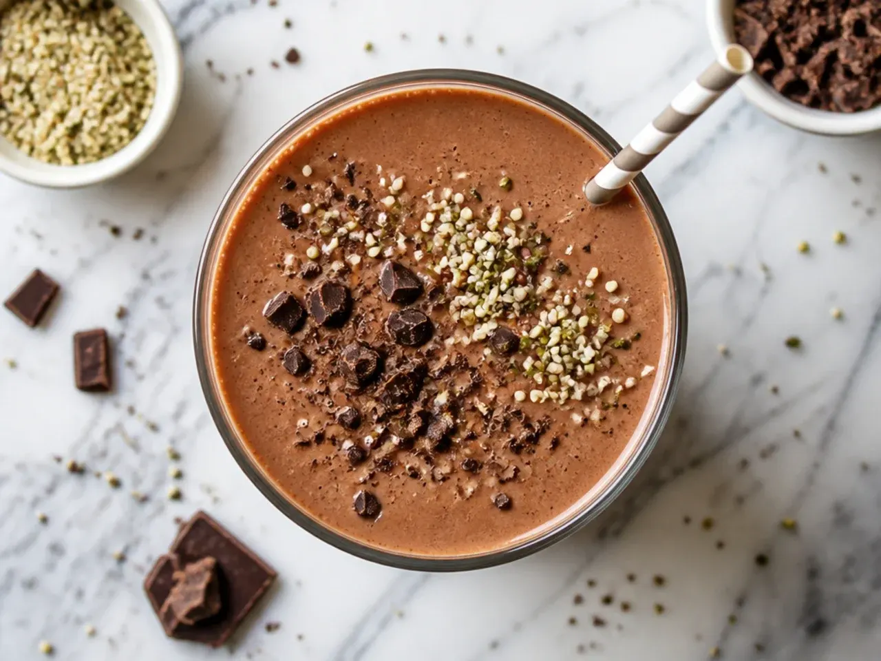 Chocolate hemp seed smoothie with a spoon of hemp hearts on the side