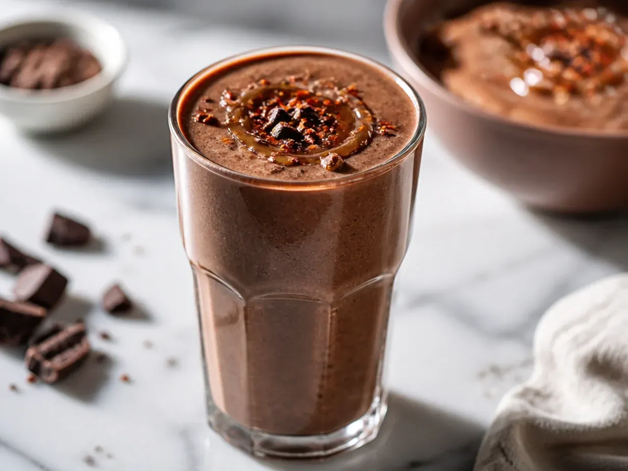 Chocolate tahini smoothie with a drizzle of tahini on top