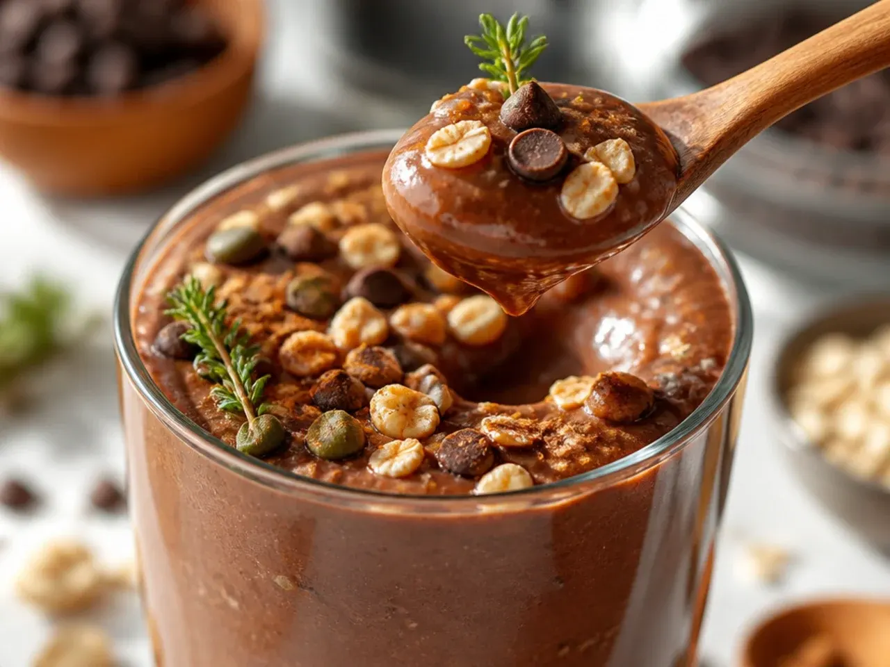 Loaded chocolate trail mix smoothie topped with nuts, cacao nibs and coconut flakes