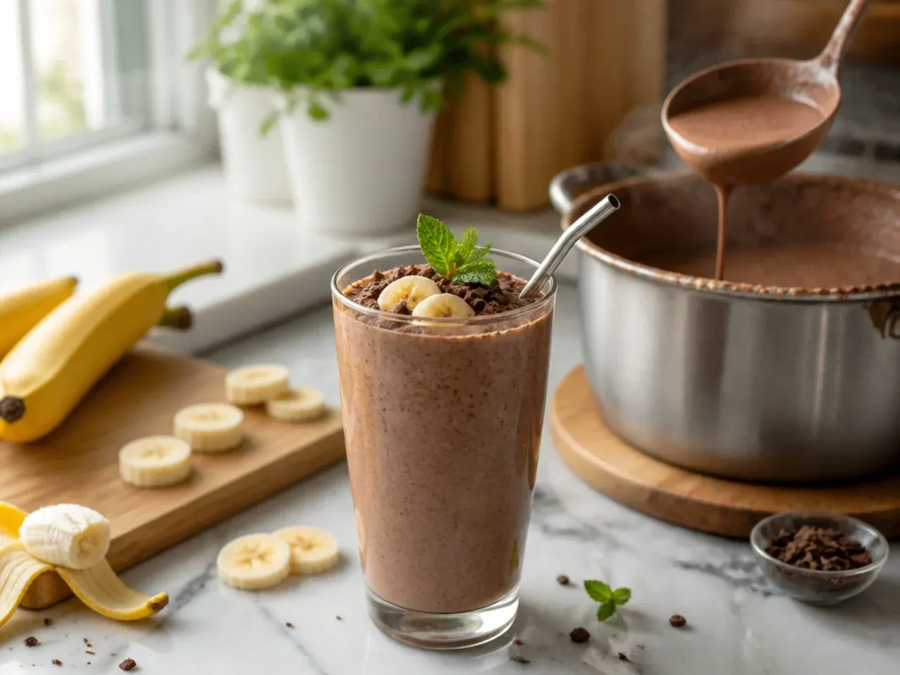 Chocolate banana bread smoothie with a sprinkle of cinnamon and chopped walnuts