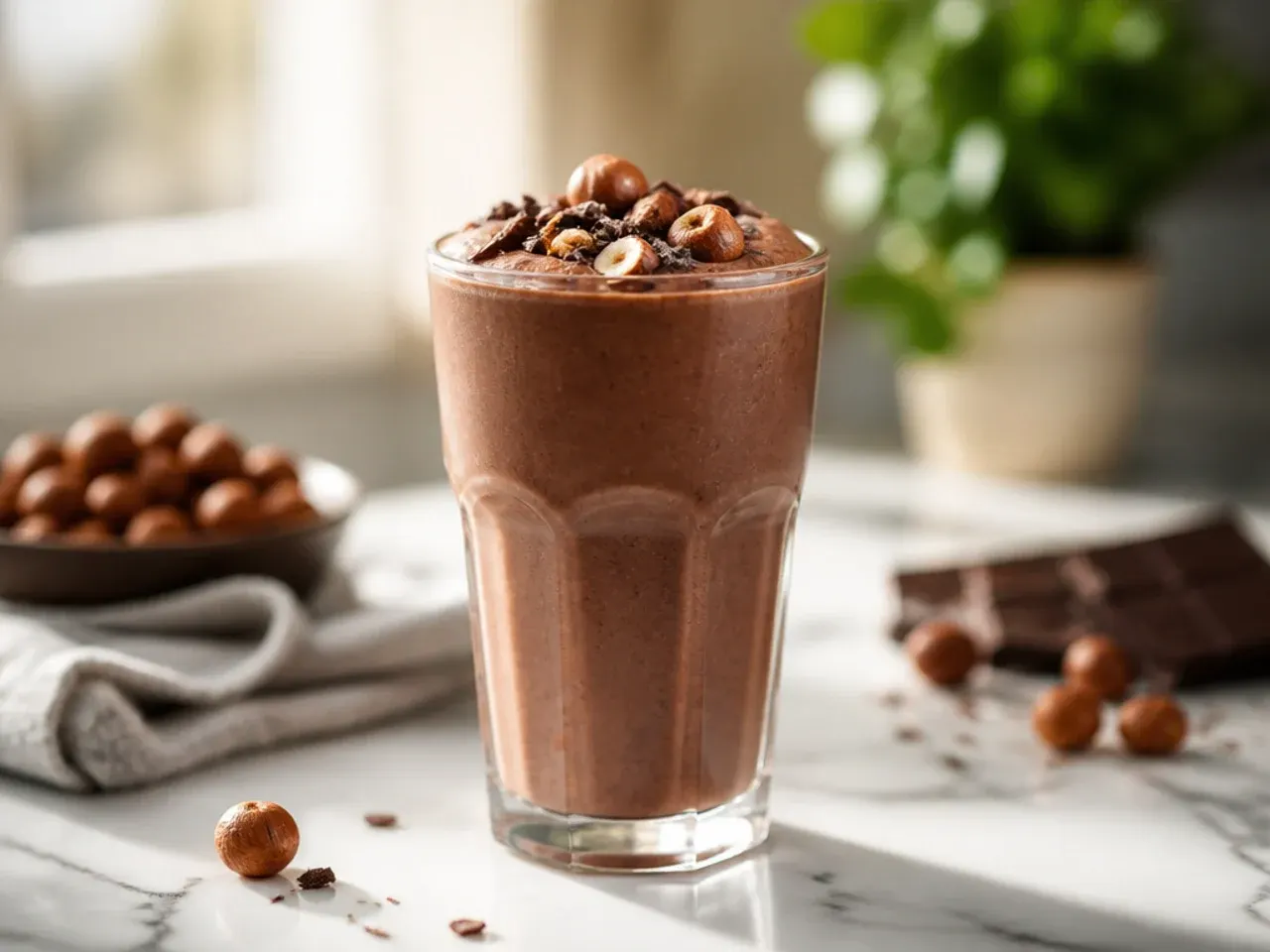 Chocolate hazelnut smoothie topped with chopped toasted hazelnuts