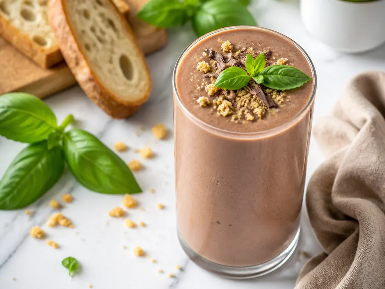 Chocolate cauliflower smoothie in a glass with frozen riced cauliflower nearby