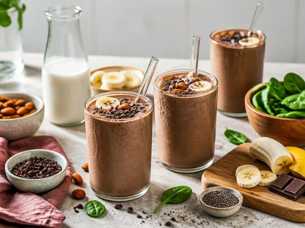 Chocolate smoothie bowl topped with granola, banana slices and cacao nibs