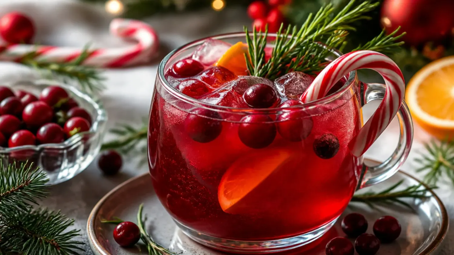 A glass mug of warm spiced Christmas punch garnished with orange slices, a cinnamon stick and rosemary sprig, steam rising, with a bottle of spiced rum and extra orange slices beside it