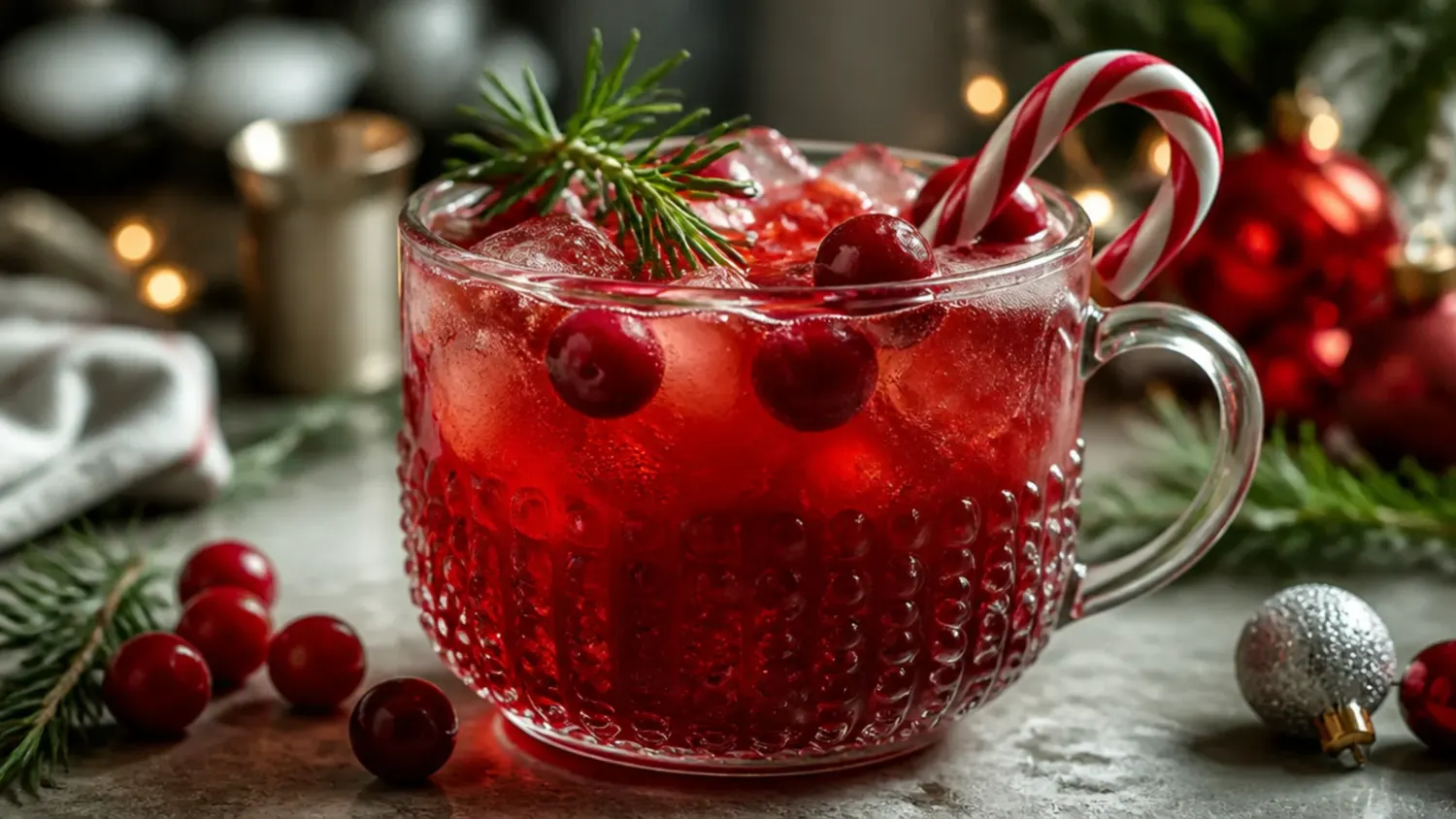 A wooden tray of festive Christmas drinks in clear glasses garnished with cinnamon sticks, orange slices and fresh cranberries, surrounded by twinkling lights and pine sprigs
