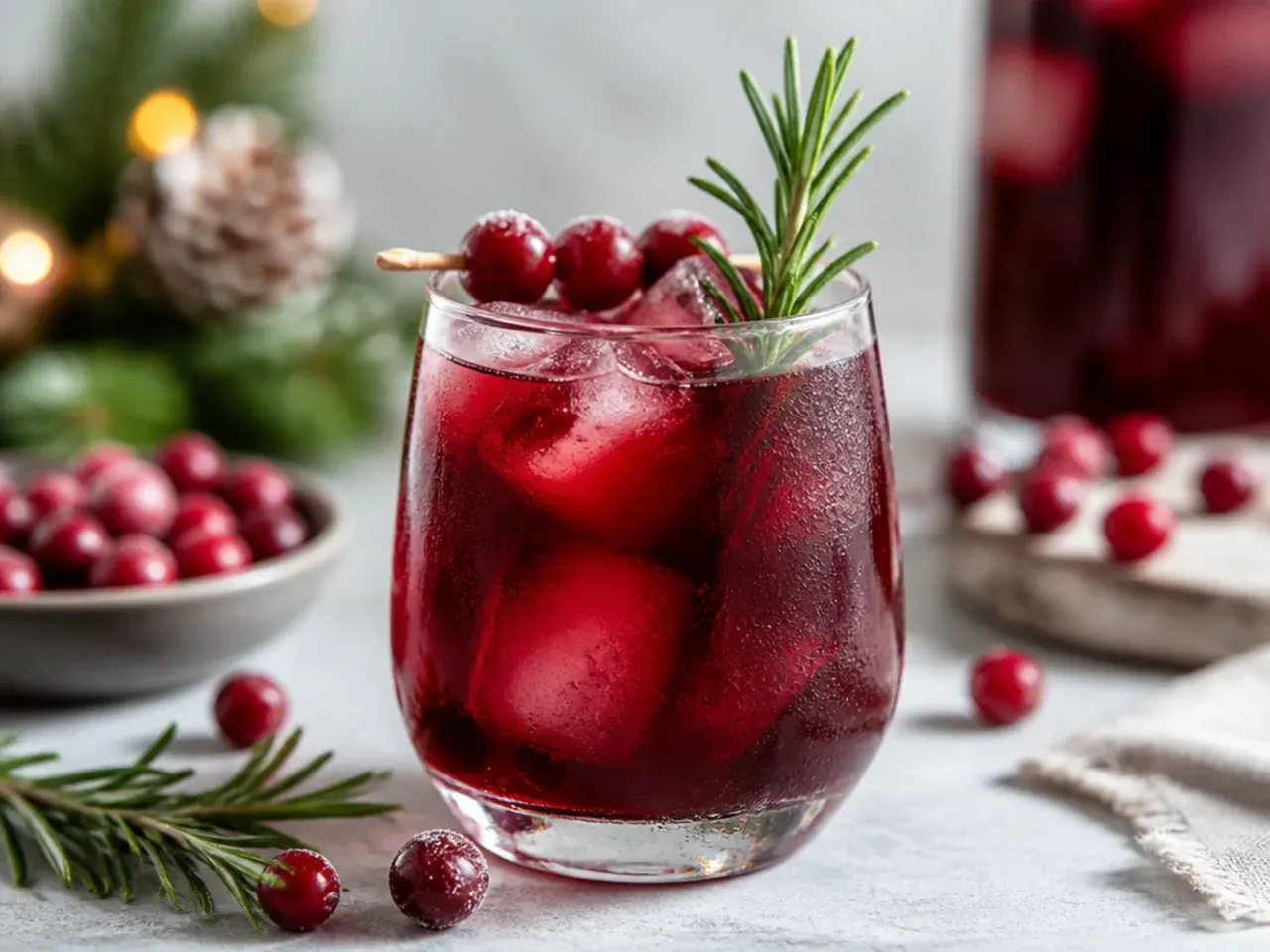 Overhead shot of several different festive drinks in glasses lined up on a marble counter with holiday garnishes