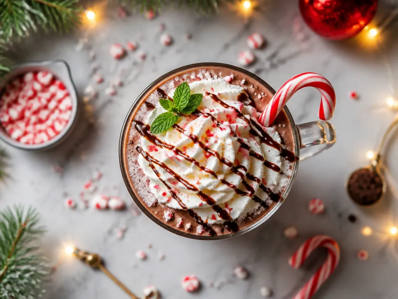 Tall glass of iced peppermint mocha topped with cream and crushed candy cane