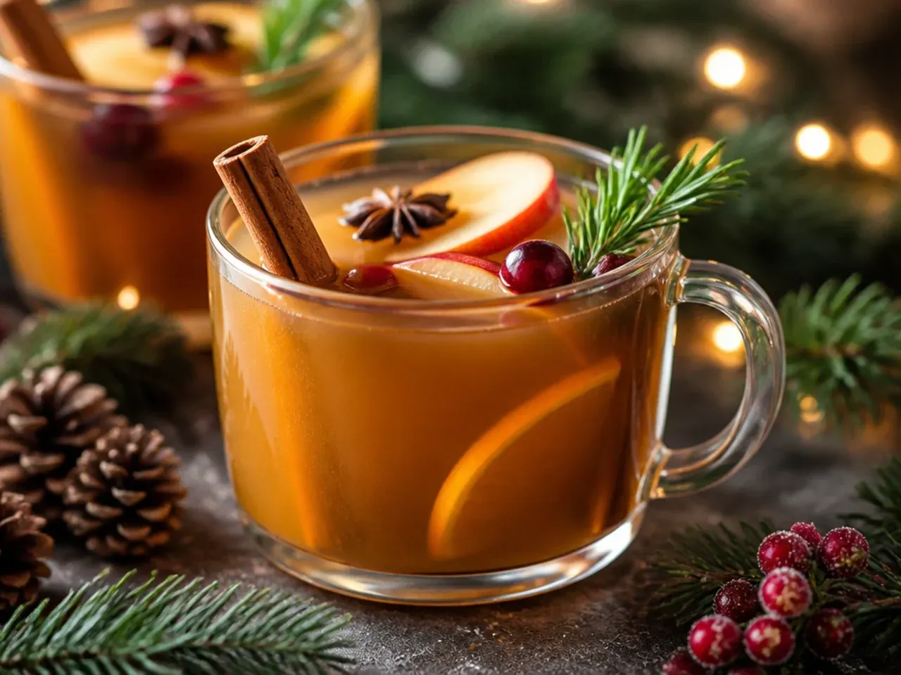 Steaming mug of mulled cider with a cinnamon stick and orange wheel garnish
