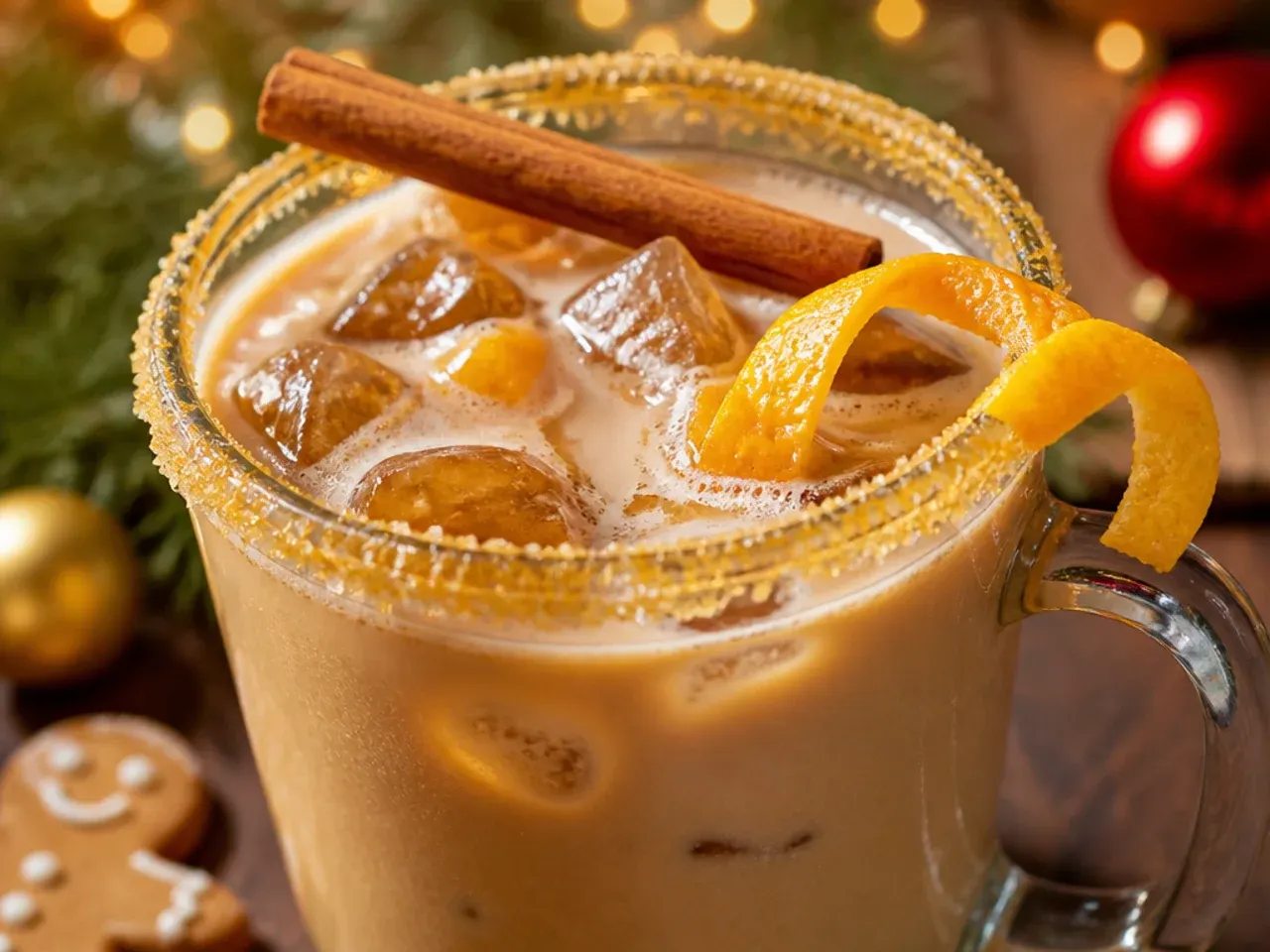 Gingerbread latte in a clear glass mug topped with whipped cream and nutmeg
