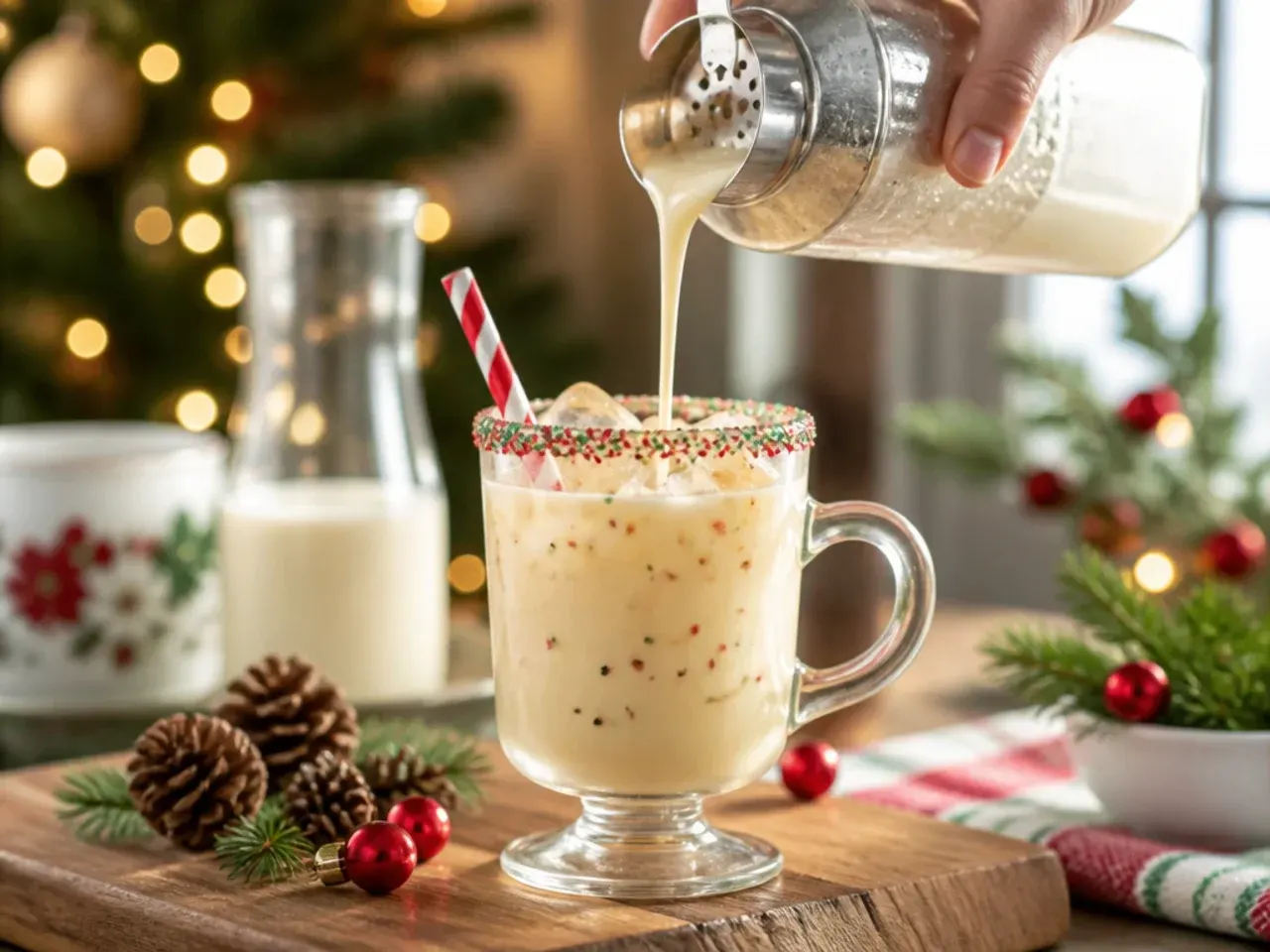 Glass mug of creamy eggnog dusted with nutmeg and a cinnamon stick garnish