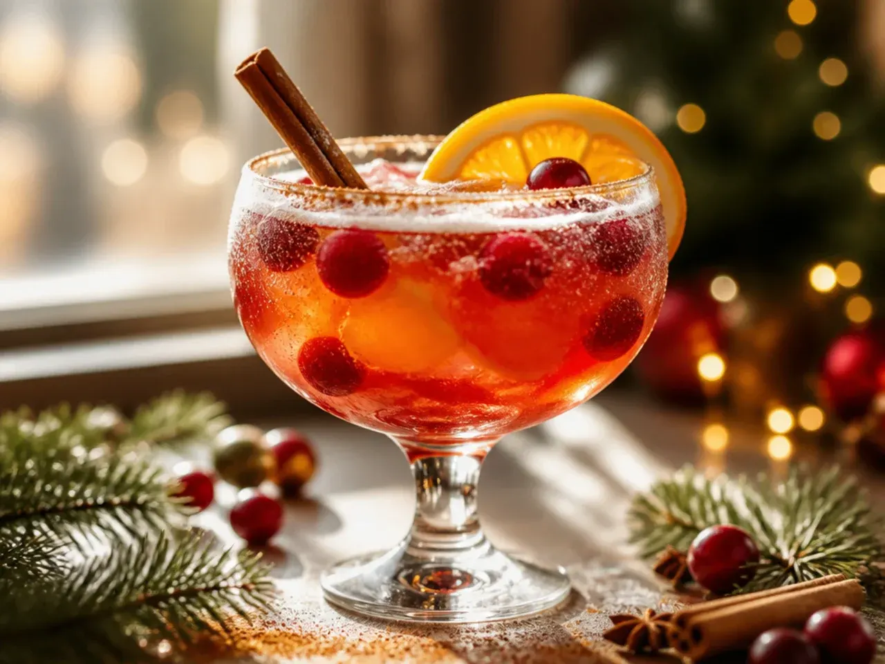Cranberry orange spritz in a wine glass with frozen cranberries and an orange twist