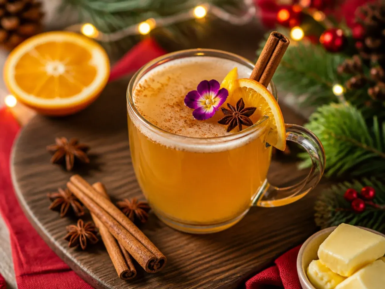 Mug of hot buttered rum-style cider with melted butter swirl and cinnamon stick