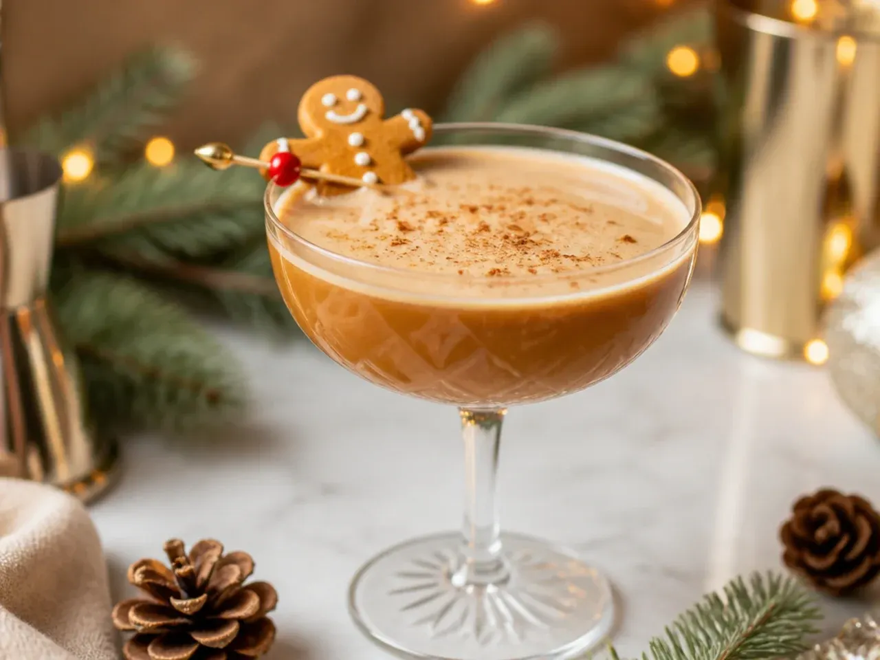 Chilled martini glass with a gingerbread cookie rim and cinnamon garnish