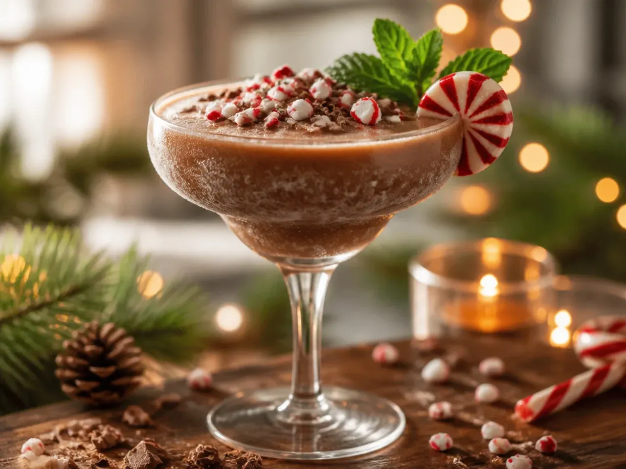 Frozen peppermint mocha slush in a glass topped with whipped cream and crushed candy cane