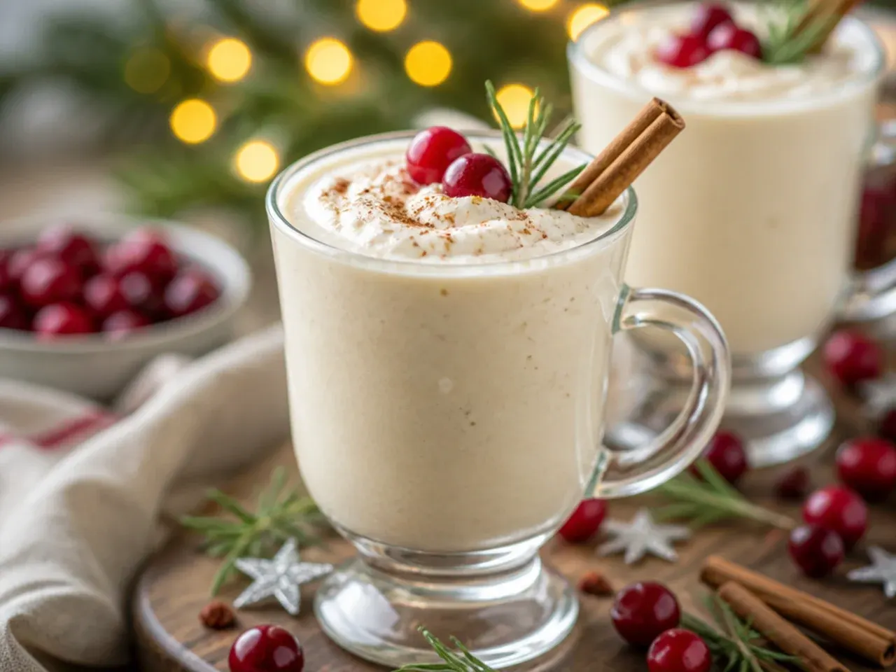 Thick eggnog milkshake in a glass topped with whipped cream and cinnamon sprinkle