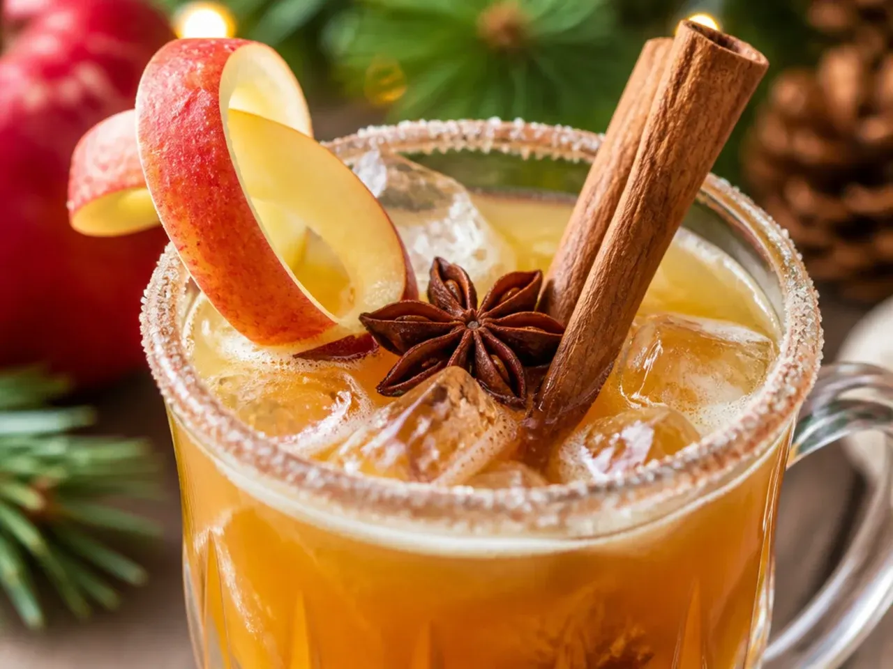 Heatproof glass mug of spiced apple cider toddy with a lemon wheel and cinnamon stick