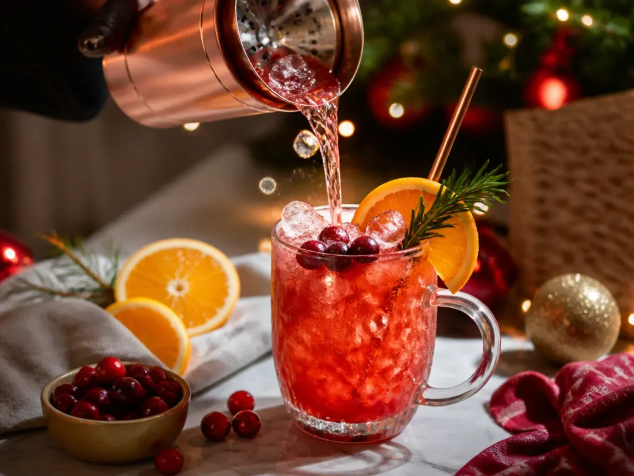 Champagne flute with layered cranberry and sparkling fizz garnished with orange zest curl