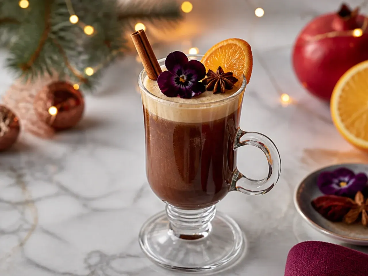 Small glass of bold spiced espresso Christmas drink with crema foam and cinnamon dust