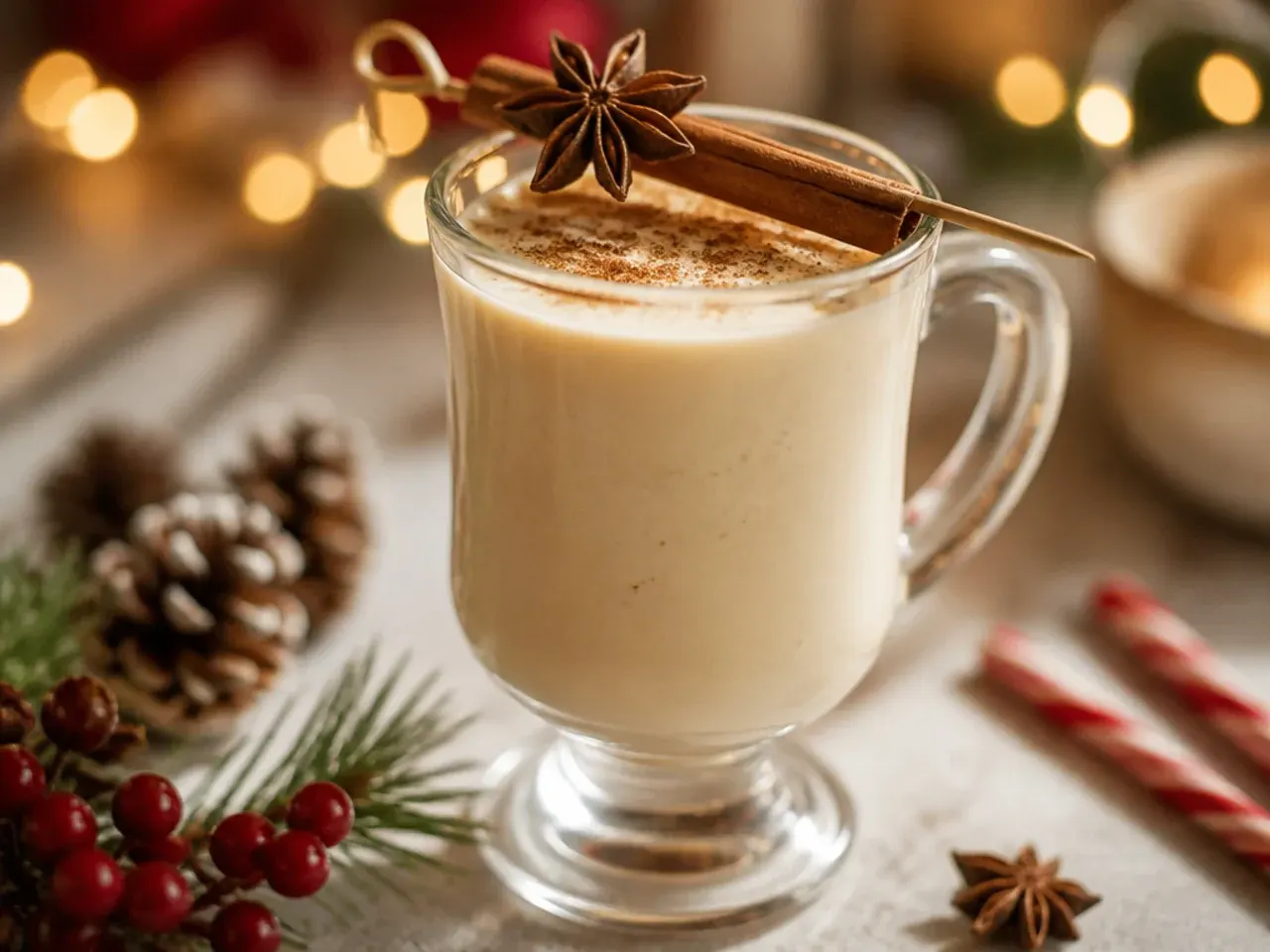 Small glass of smooth bourbon-style eggnog with light nutmeg dusting