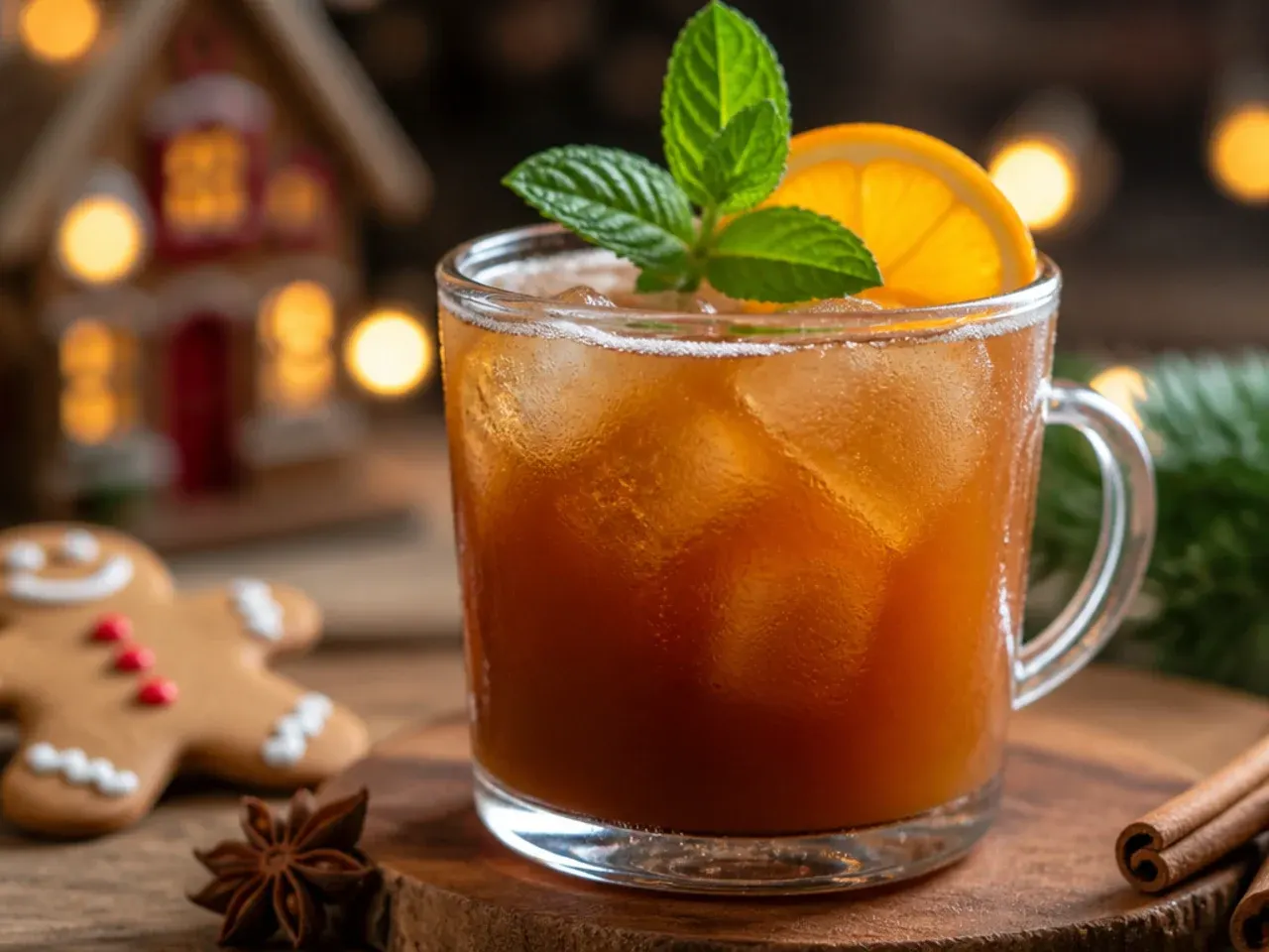 Tall iced glass of gingerbread chai Christmas drink with a cinnamon stick straw