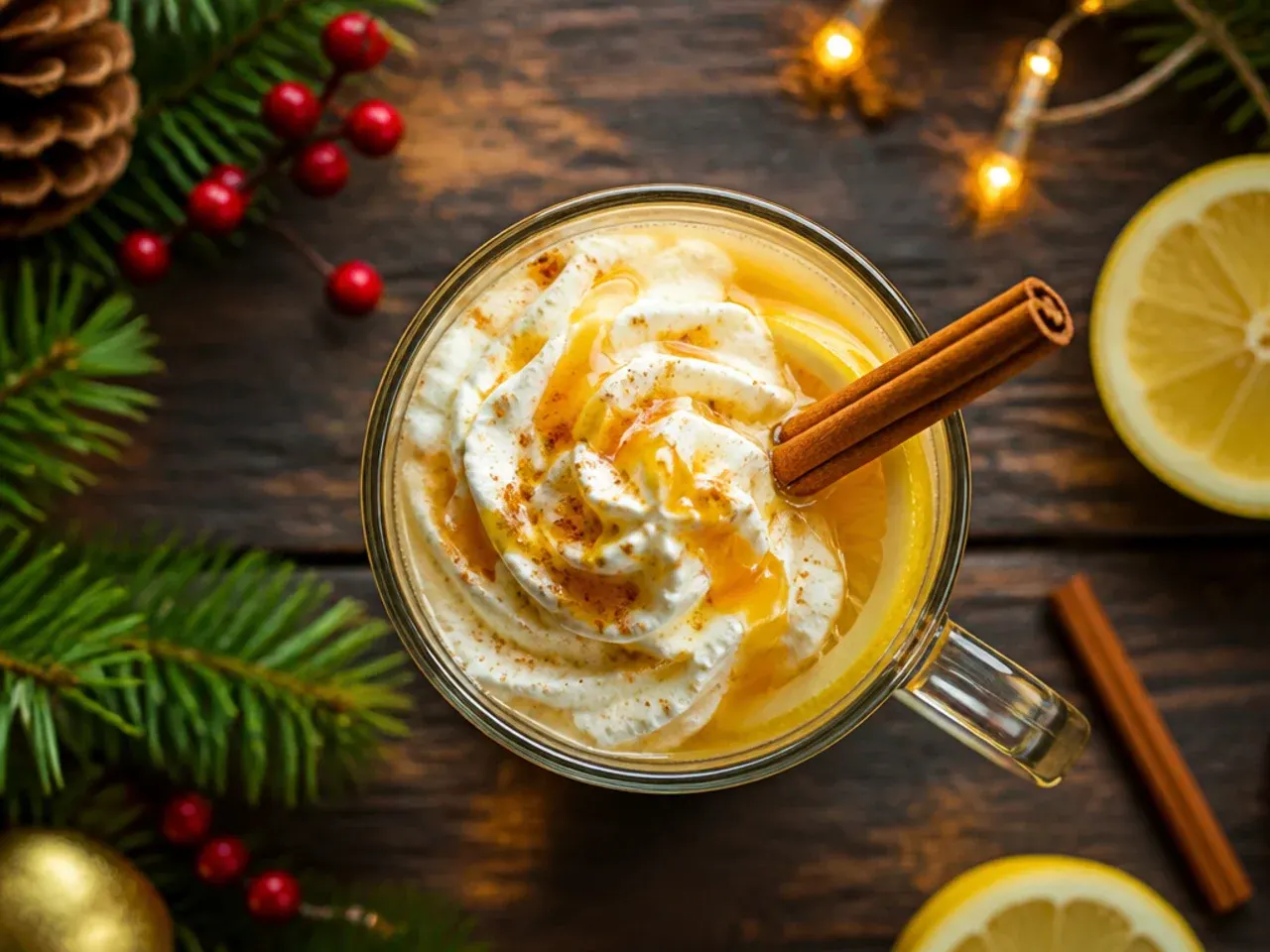Classic hot toddy in a clear glass mug with lemon wheel, honey drizzle and cinnamon stick