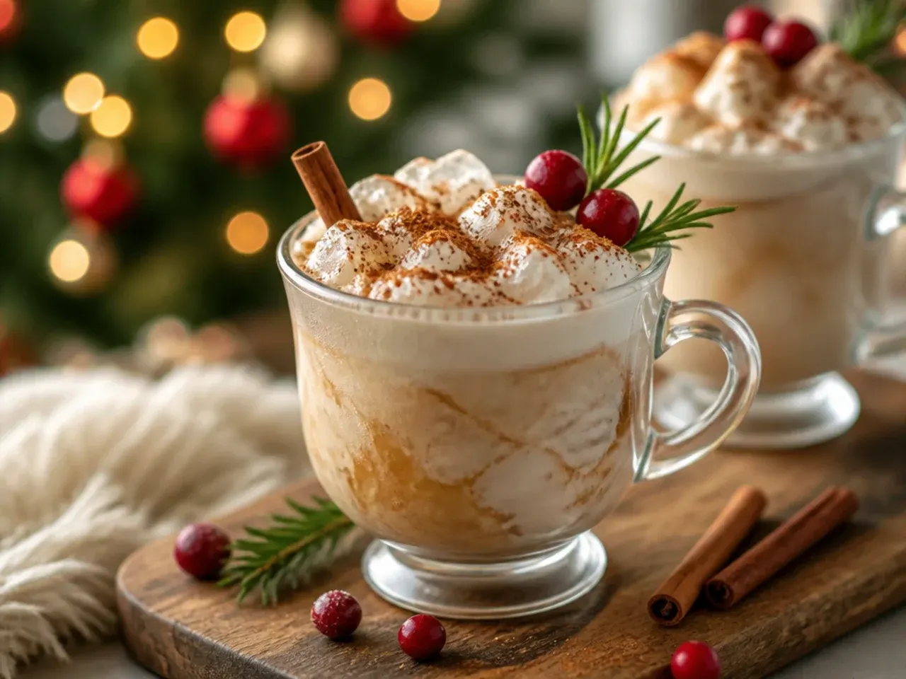 Cinnamon roll-style Christmas drink topped with whipped cream and a cinnamon syrup swirl