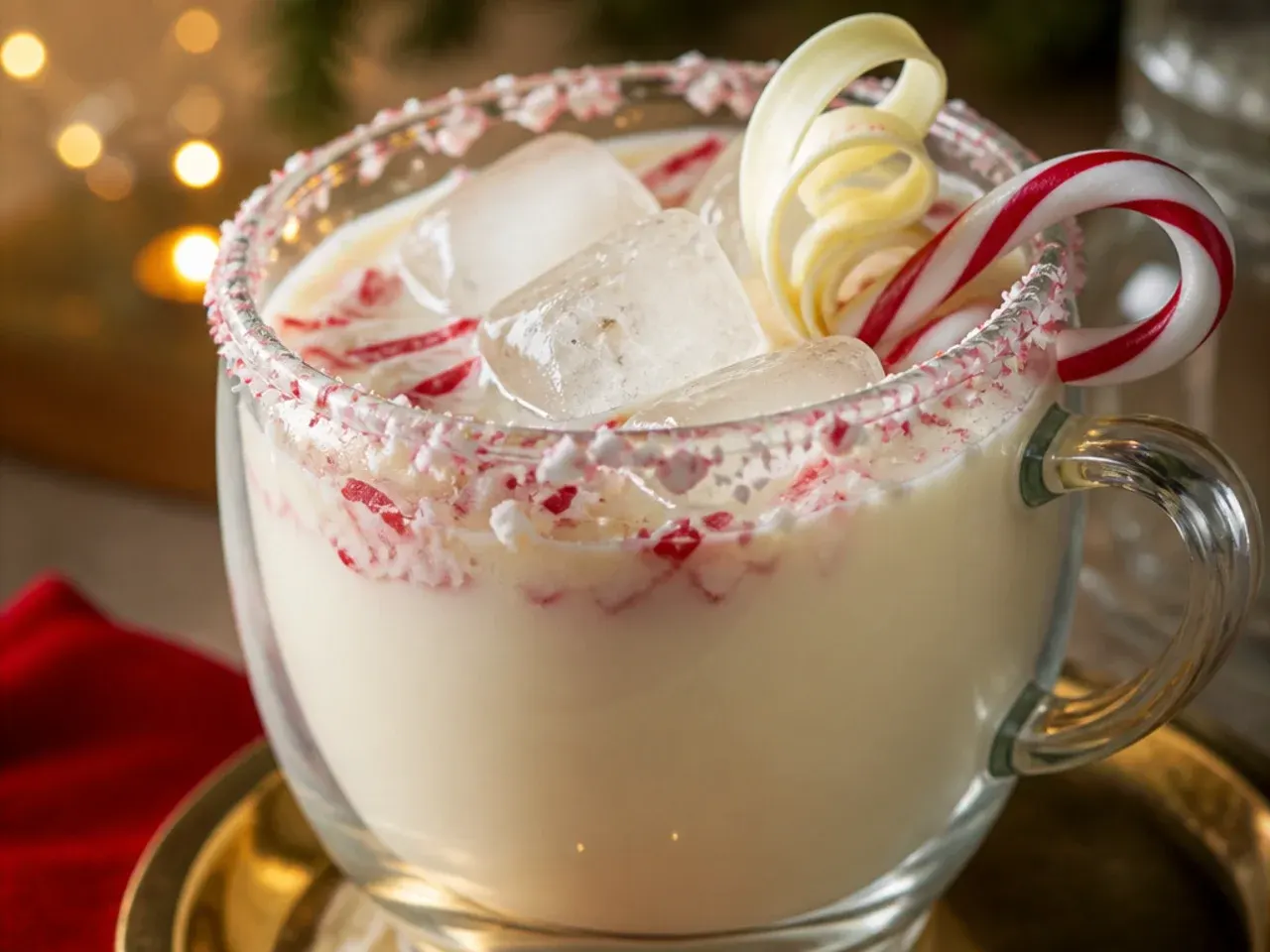 Mug of creamy white chocolate peppermint drink topped with whipped cream and crushed peppermint
